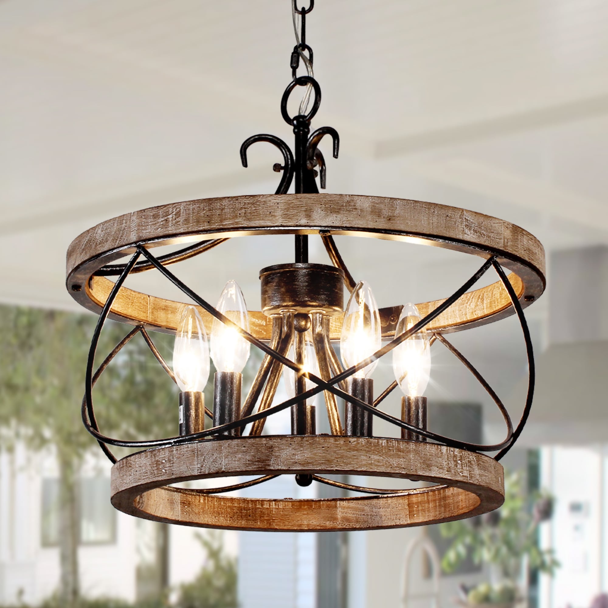 Lustre cage rustique en bois Bella Depot à 5 lumières, éclairage à intensité variable, suspension réglable de 15,7 pouces pour îlot de cuisine