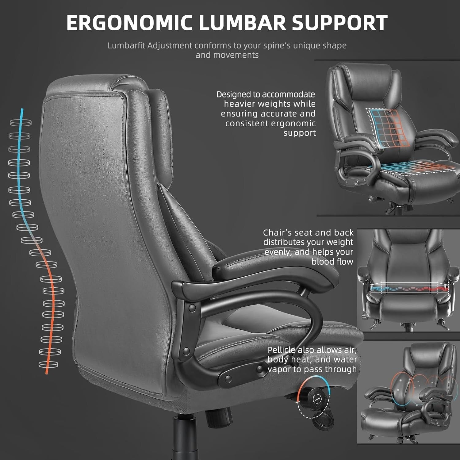 Chaise de bureau exécutive Bossin Big and Tall, chaise ergonomique à support lombaire réglable de 500 lb avec dossier haut en cuir PU pour ordinateur