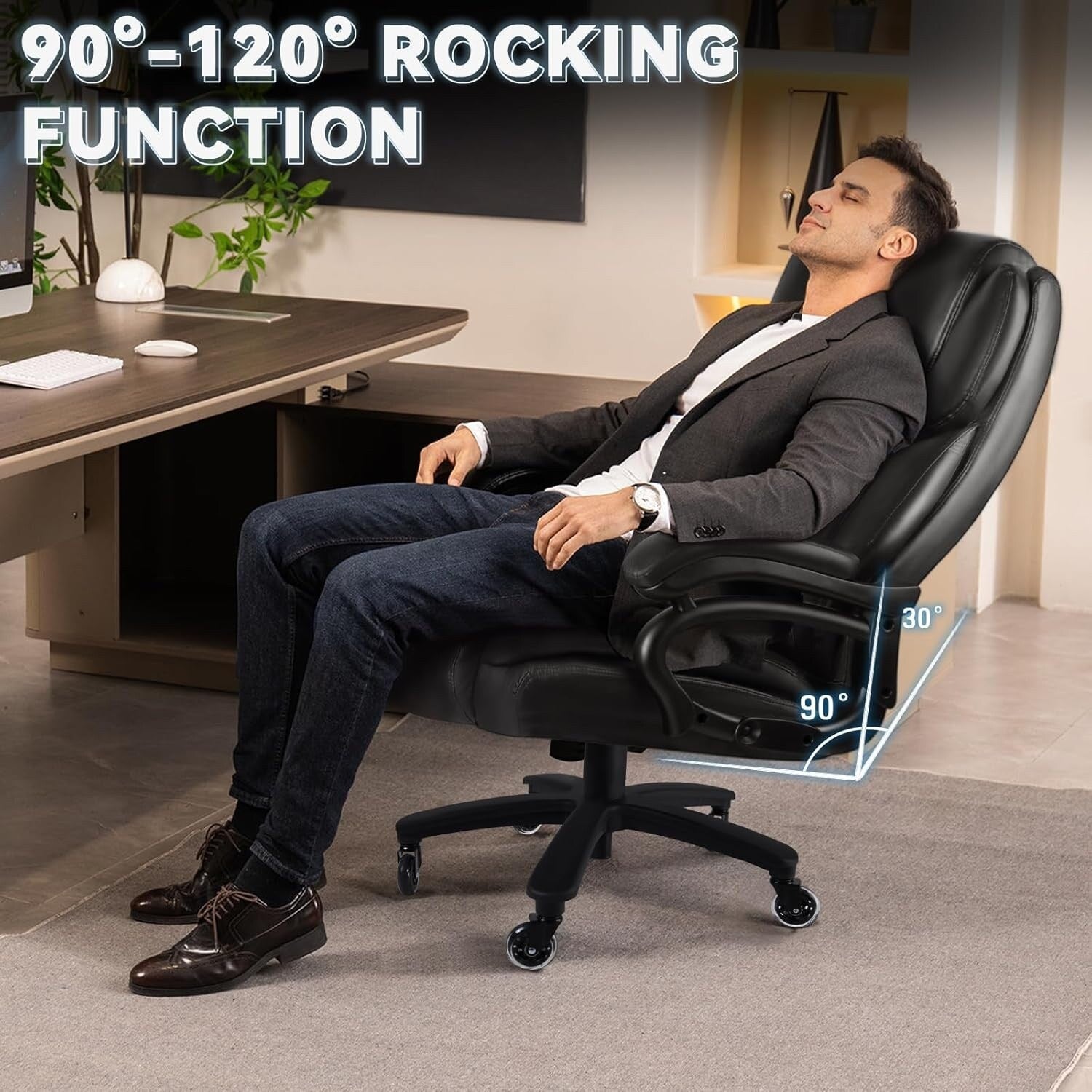Chaise de bureau exécutive Bossin Big and Tall, chaise ergonomique à support lombaire réglable de 500 lb avec dossier haut en cuir PU pour ordinateur