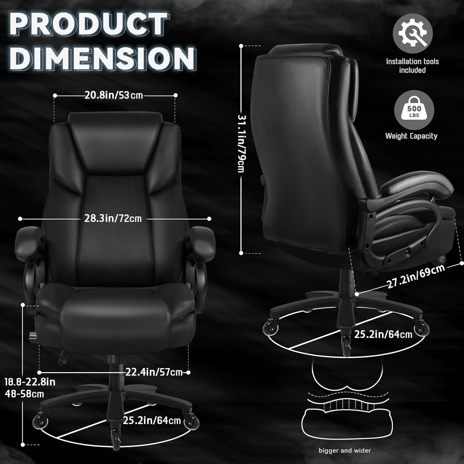 Chaise de bureau exécutive Bossin Big and Tall, chaise ergonomique à support lombaire réglable de 500 lb avec dossier haut en cuir PU pour ordinateur
