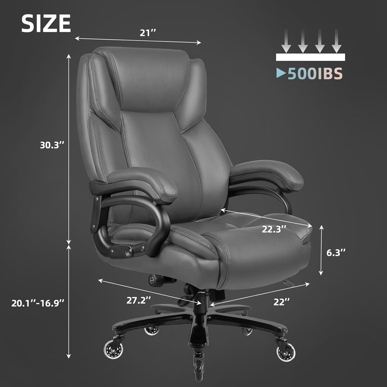 Chaise de bureau exécutive Bossin Big and Tall, chaise ergonomique à support lombaire réglable de 500 lb avec dossier haut en cuir PU pour ordinateur