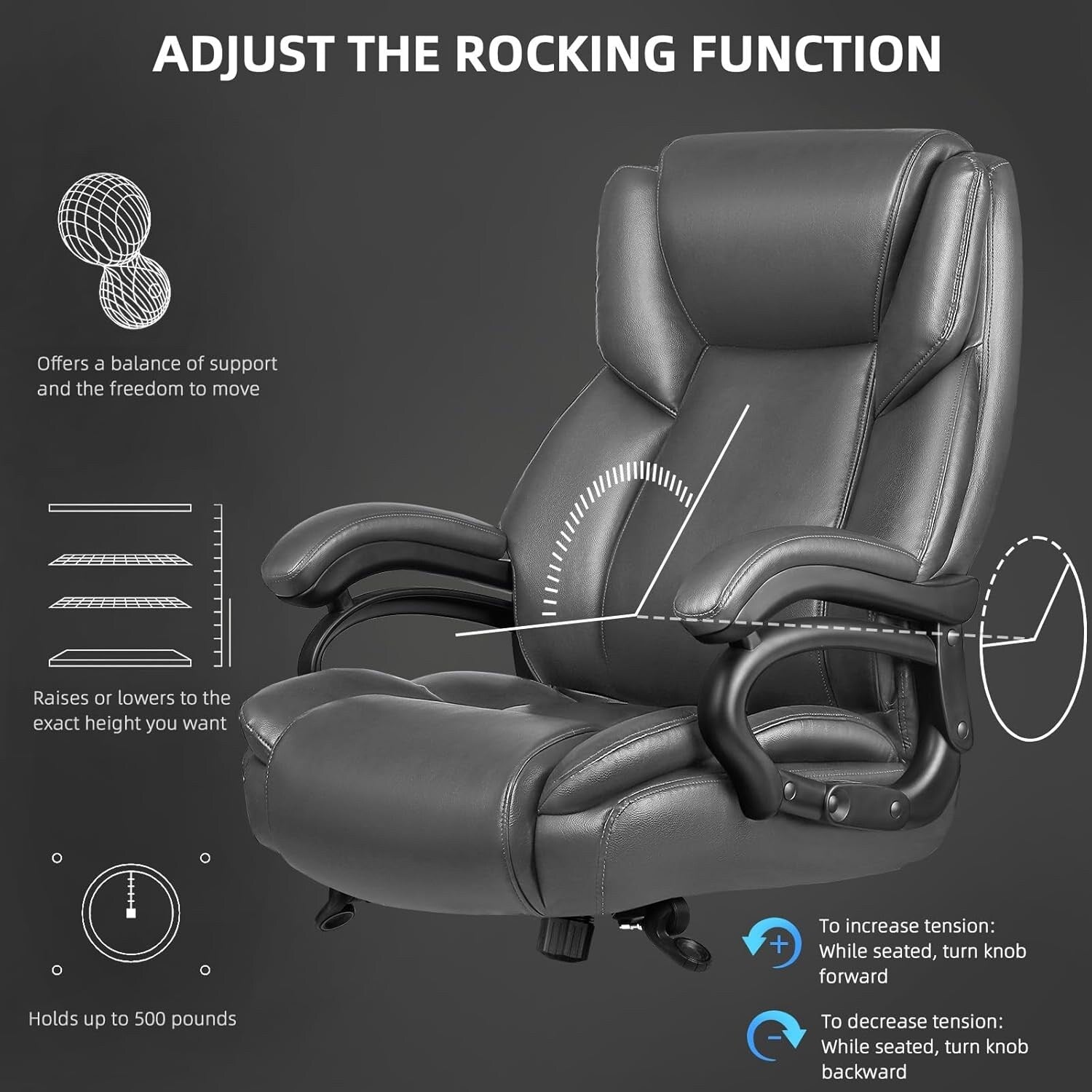 Chaise de bureau exécutive Bossin Big and Tall, chaise ergonomique à support lombaire réglable de 500 lb avec dossier haut en cuir PU pour ordinateur