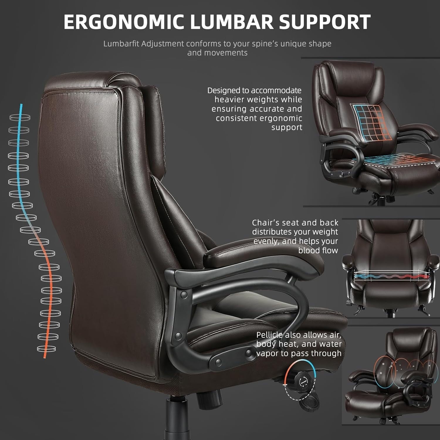 Chaise de bureau exécutive Bossin Big and Tall, chaise ergonomique à support lombaire réglable de 500 lb avec dossier haut en cuir PU pour ordinateur