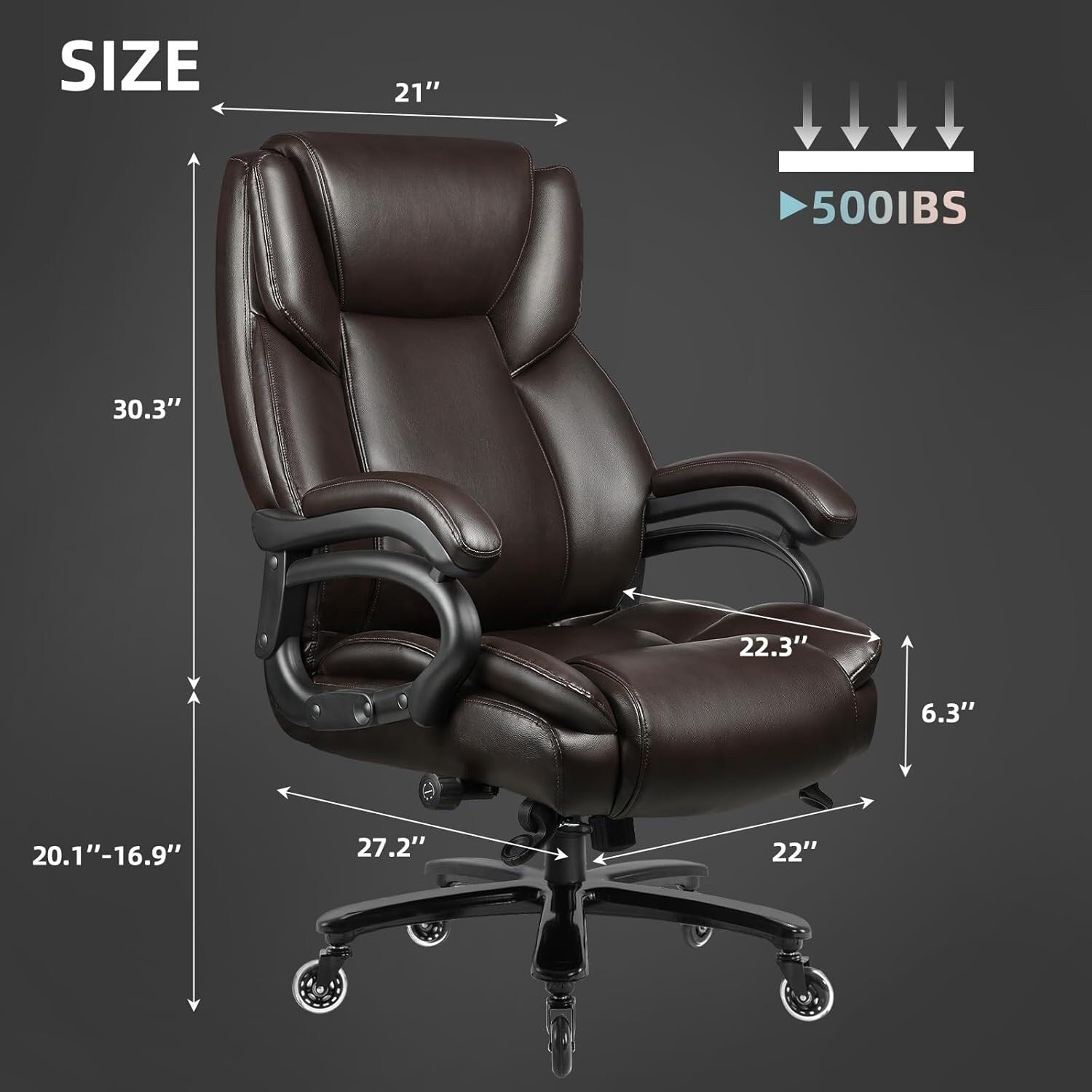 Chaise de bureau exécutive Bossin Big and Tall, chaise ergonomique à support lombaire réglable de 500 lb avec dossier haut en cuir PU pour ordinateur
