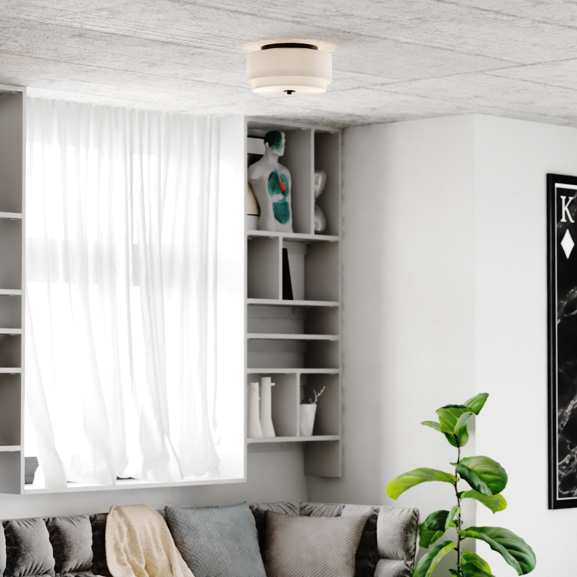 Plafonnier moderne du milieu du siècle de Burnaby avec abat-jour tambour en lin blanc
