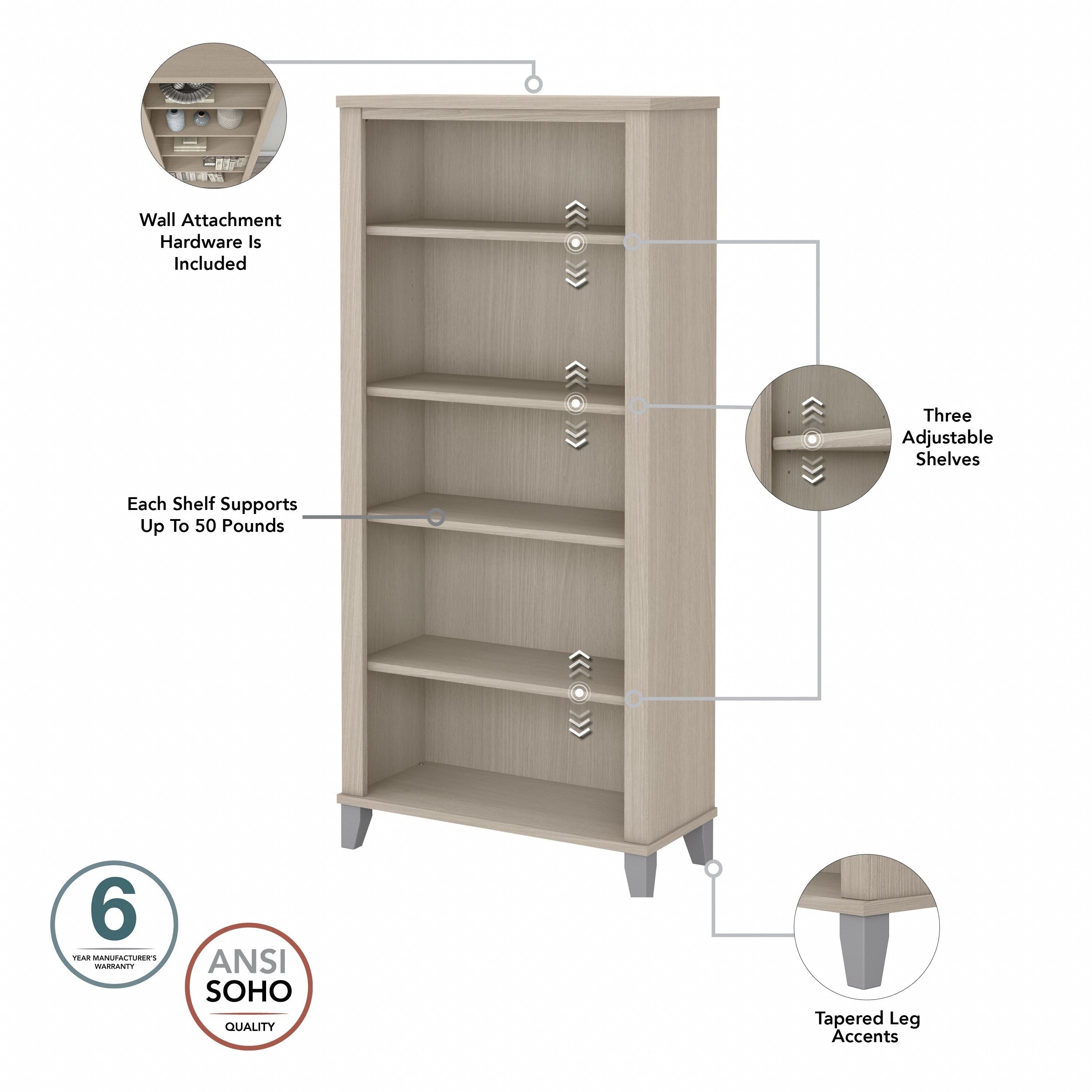 Bibliothèque haute à 5 étagères Bush Furniture Somerset avec tablettes réglables