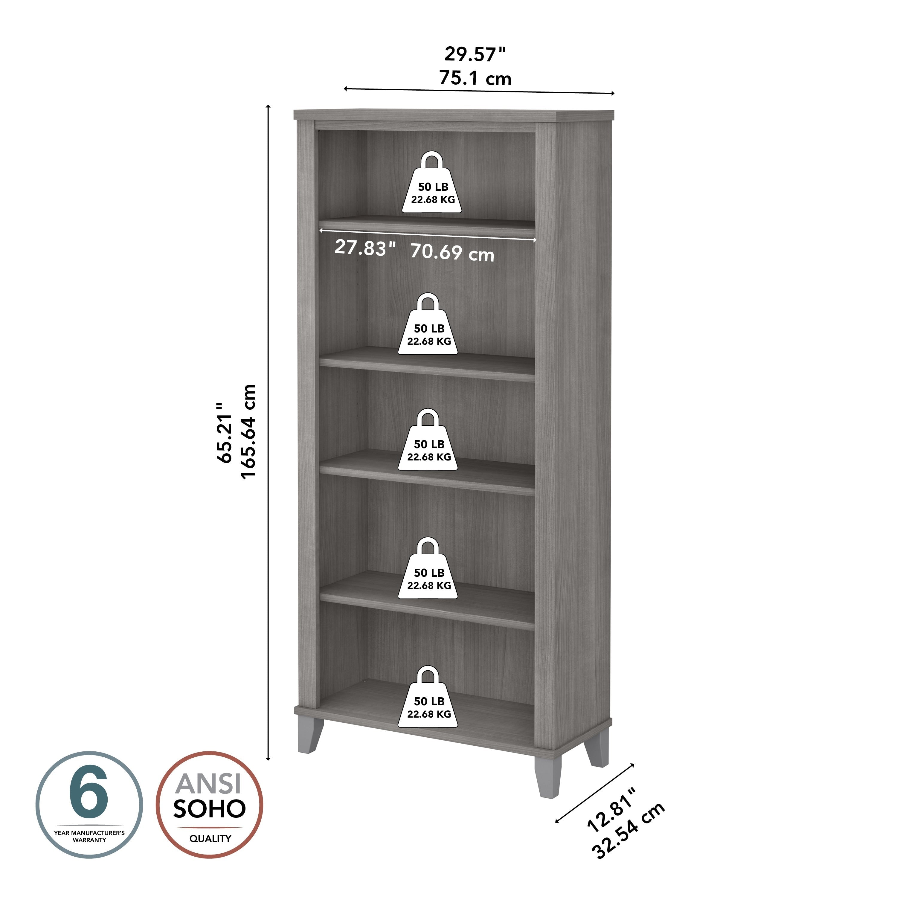Bibliothèque haute à 5 étagères Bush Furniture Somerset avec tablettes réglables