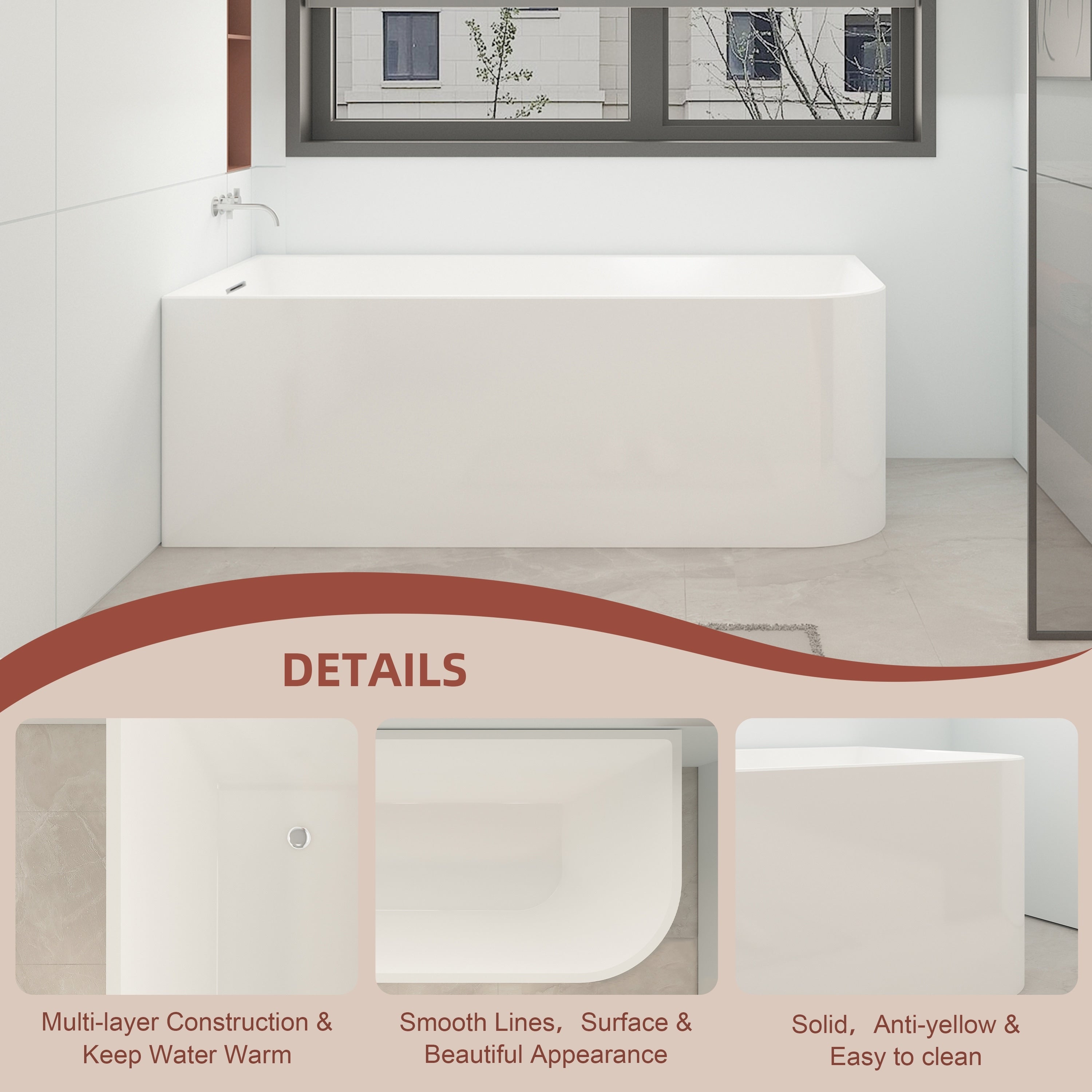 Baignoires autoportantes en acrylique CB HOME 59''/67'', baignoires simples contre le mur, trop-plein gauche/droite