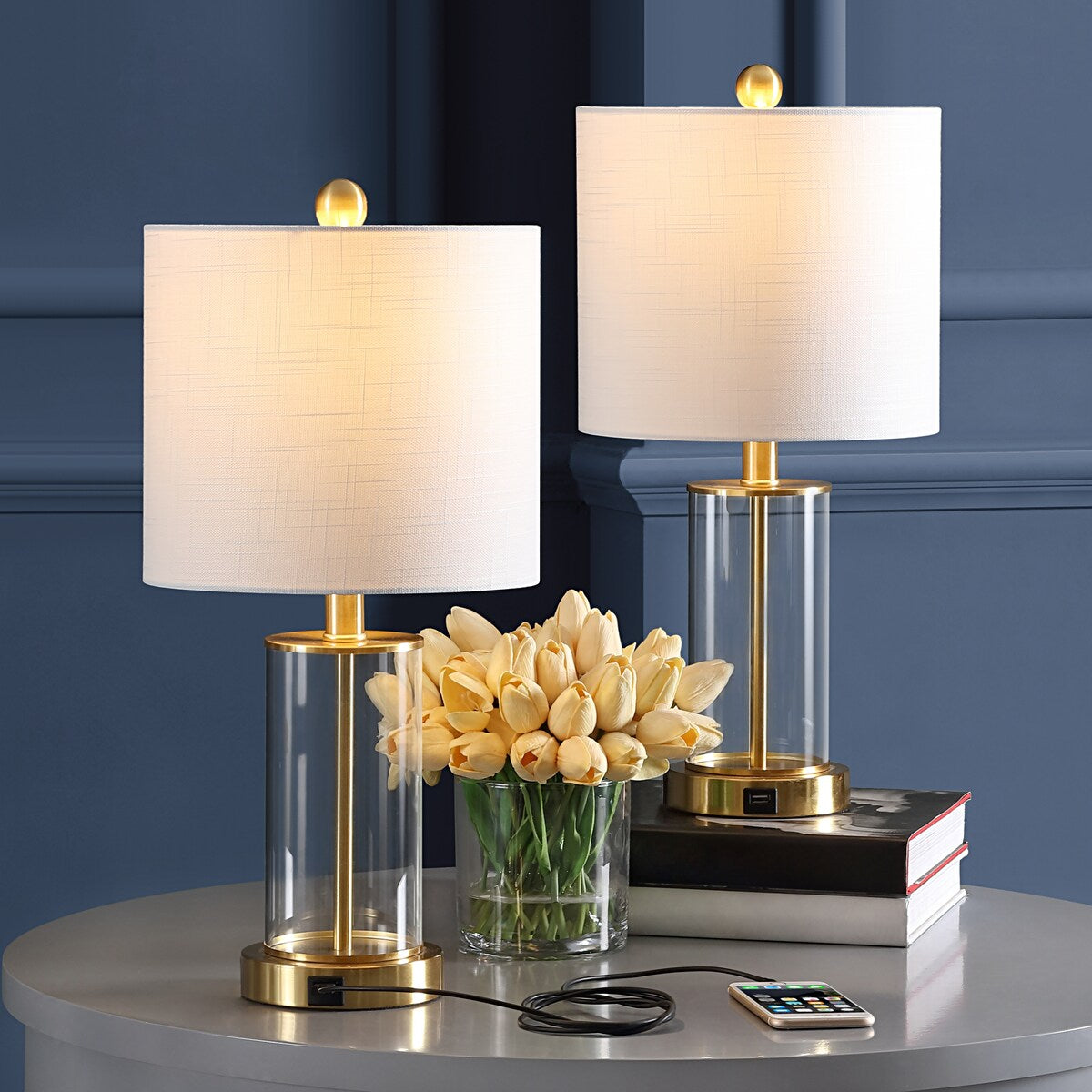 Lampe de table à LED Cabell 21 en verre, contemporaine et moderne, avec chargeur USB, bronze huilé (lot de 2) par JONATHAN Y