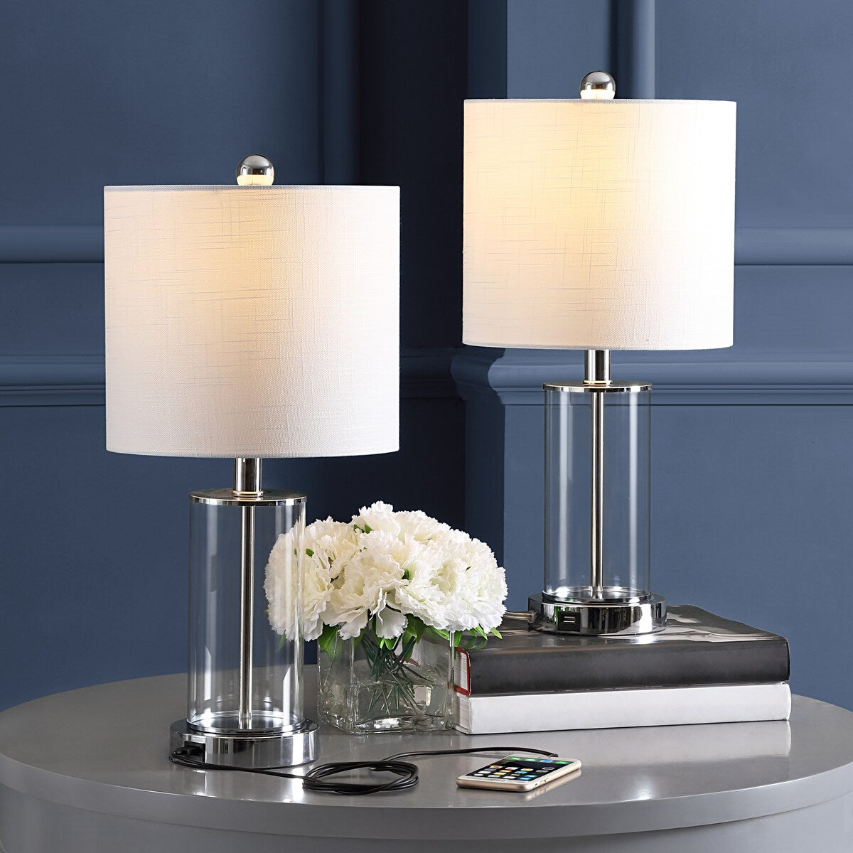 Lampe de table à LED Cabell 21 en verre, contemporaine et moderne, avec chargeur USB, bronze huilé (lot de 2) par JONATHAN Y