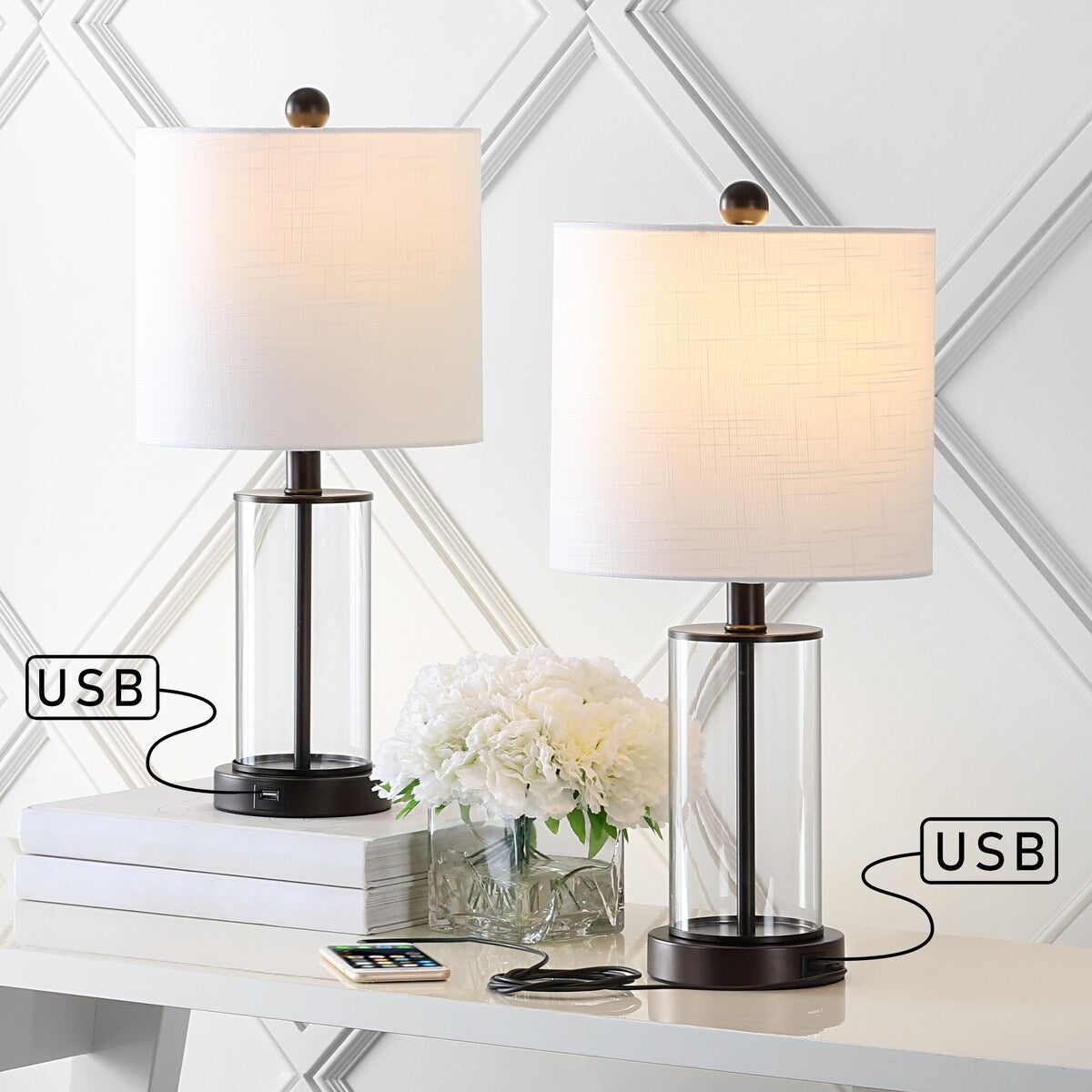 Lampe de table à LED Cabell 21 en verre, contemporaine et moderne, avec chargeur USB, bronze huilé (lot de 2) par JONATHAN Y