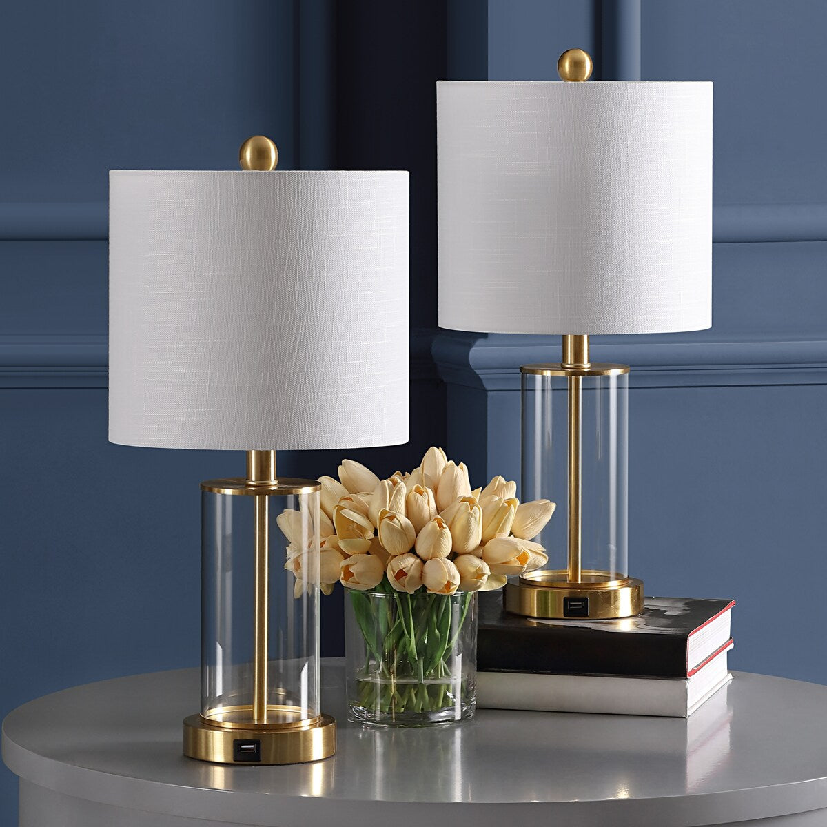 Lampe de table à LED Cabell 21 en verre, contemporaine et moderne, avec chargeur USB, bronze huilé (lot de 2) par JONATHAN Y