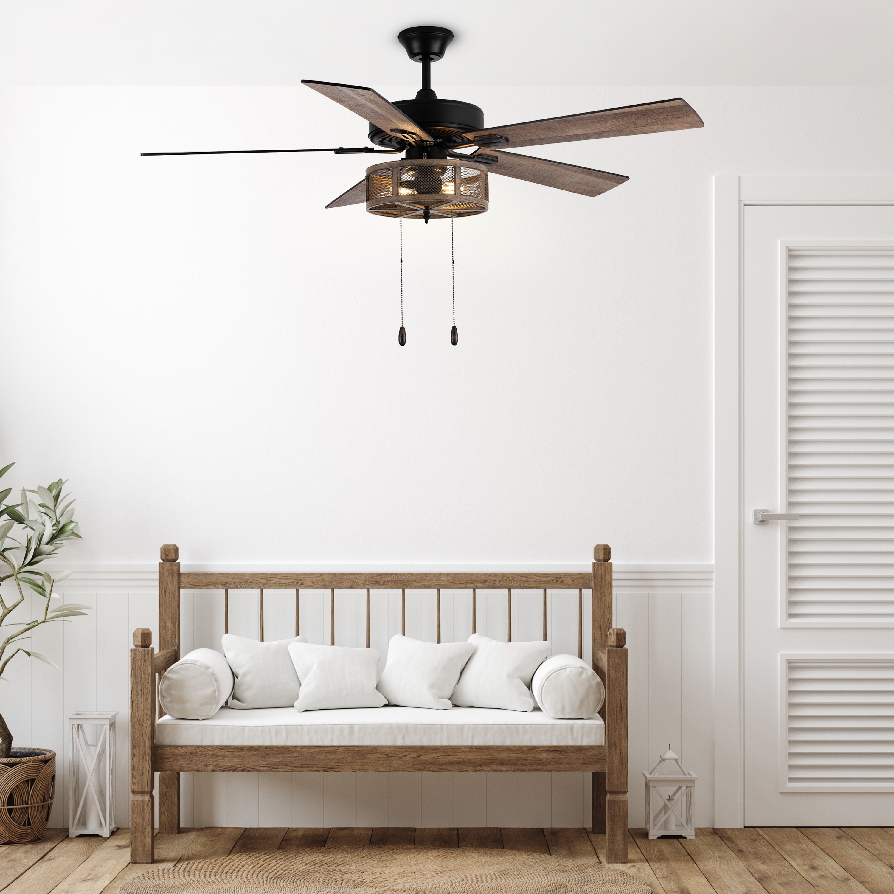 Ventilateur de plafond LED de style ferme en métal brossé Carbon Loft 52