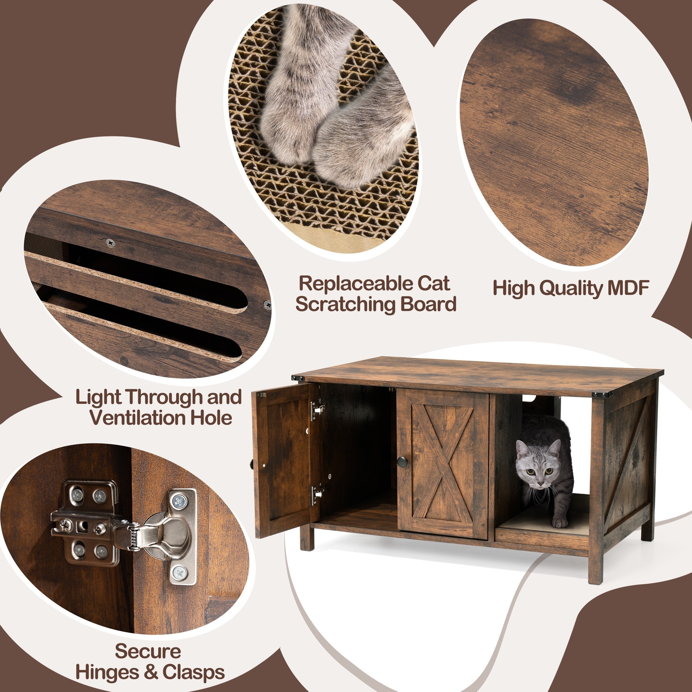Enceinte de litière pour chat, meuble de toilette en bois caché avec griffoir