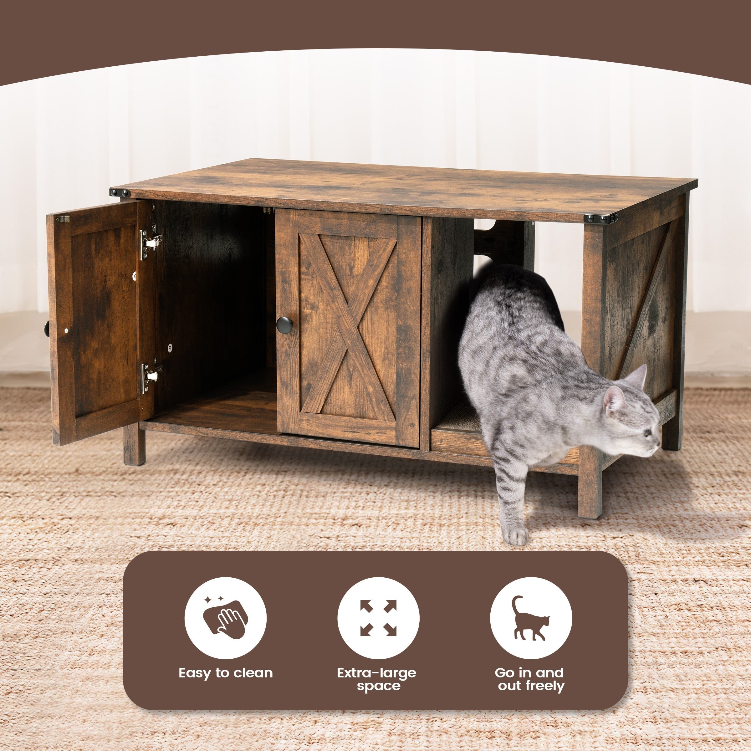 Enceinte de litière pour chat, meuble de toilette en bois caché avec griffoir
