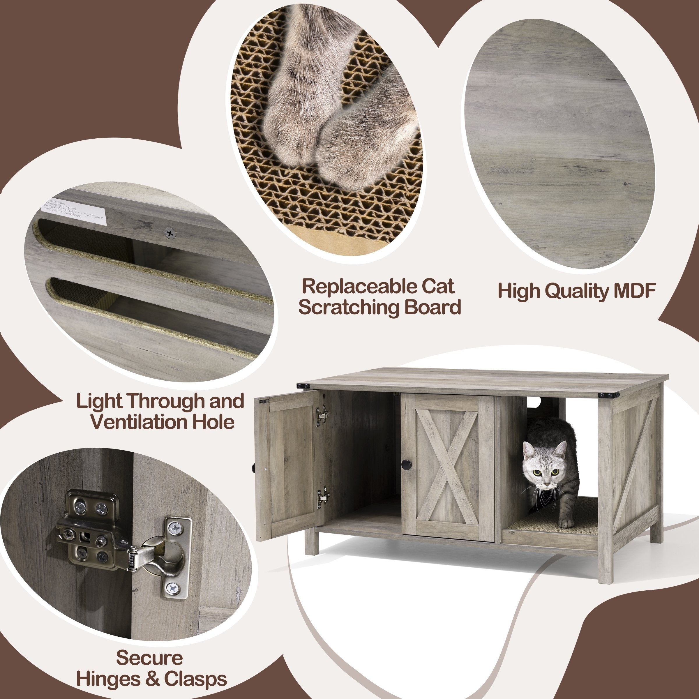 Enceinte de litière pour chat, meuble de toilette en bois caché avec griffoir