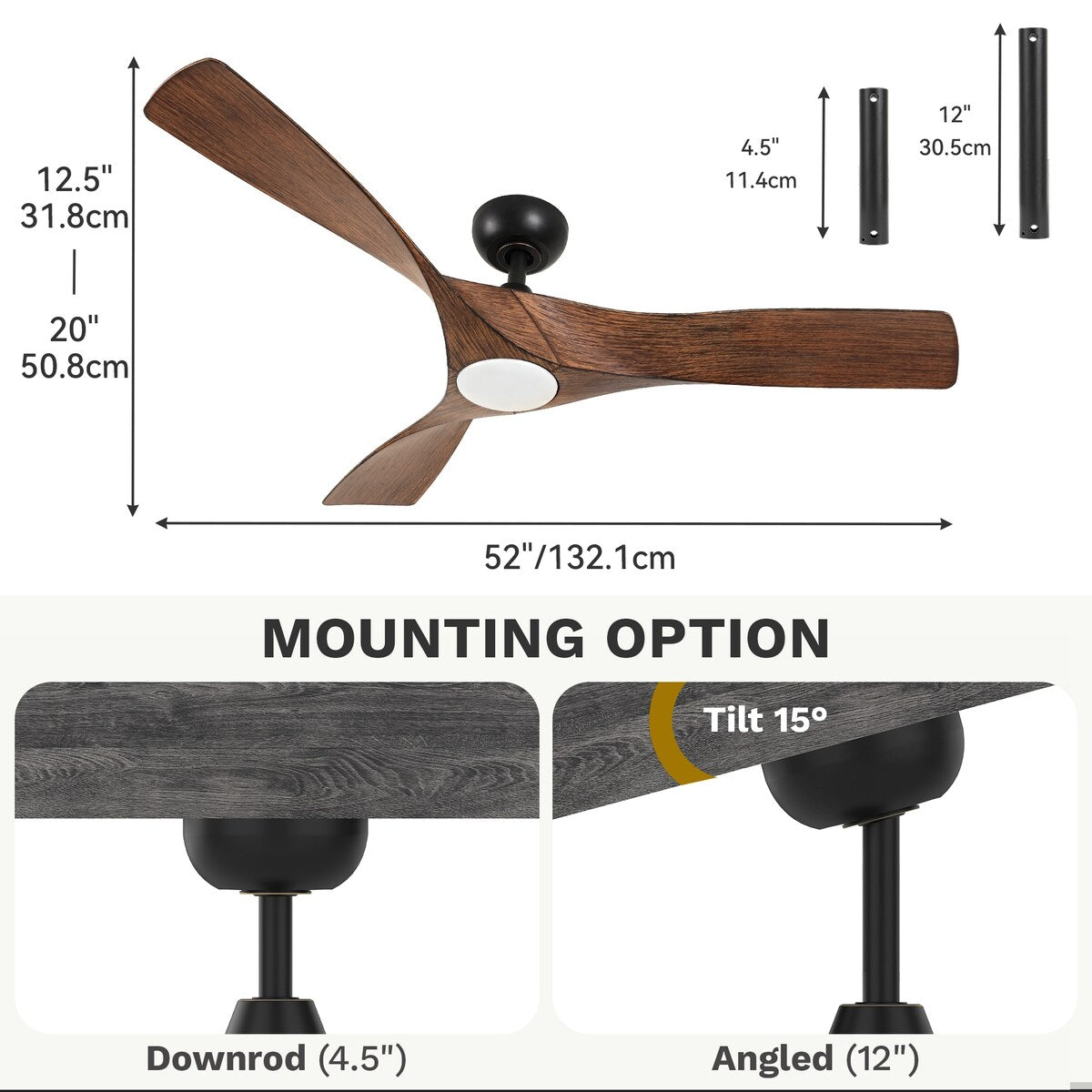 Ventilateur de plafond avec télécommande, éclairage LED tricolore à intensité variable, 52 pouces