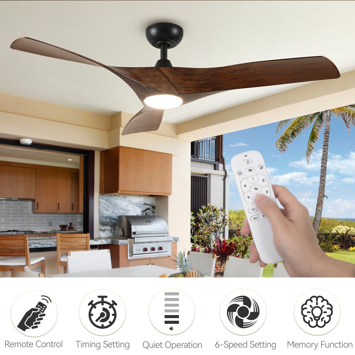 Ventilateur de plafond avec télécommande, éclairage LED tricolore à intensité variable, 52 pouces
