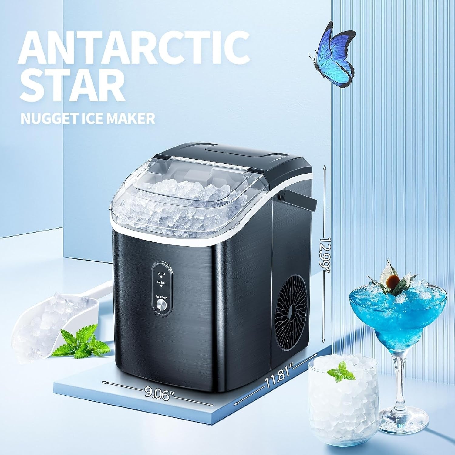 Machine à glaçons portable de comptoir Nugget Ice avec boutons mécaniques, équipée d'un panier à glaçons et d'une pelle à glaçons, en acier inoxydable