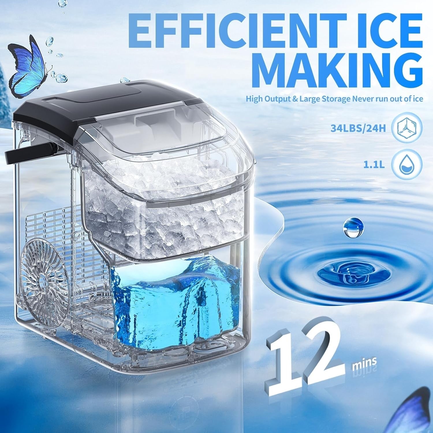 Machine à glaçons portable de comptoir Nugget Ice avec boutons mécaniques, équipée d'un panier à glaçons et d'une pelle à glaçons, en acier inoxydable