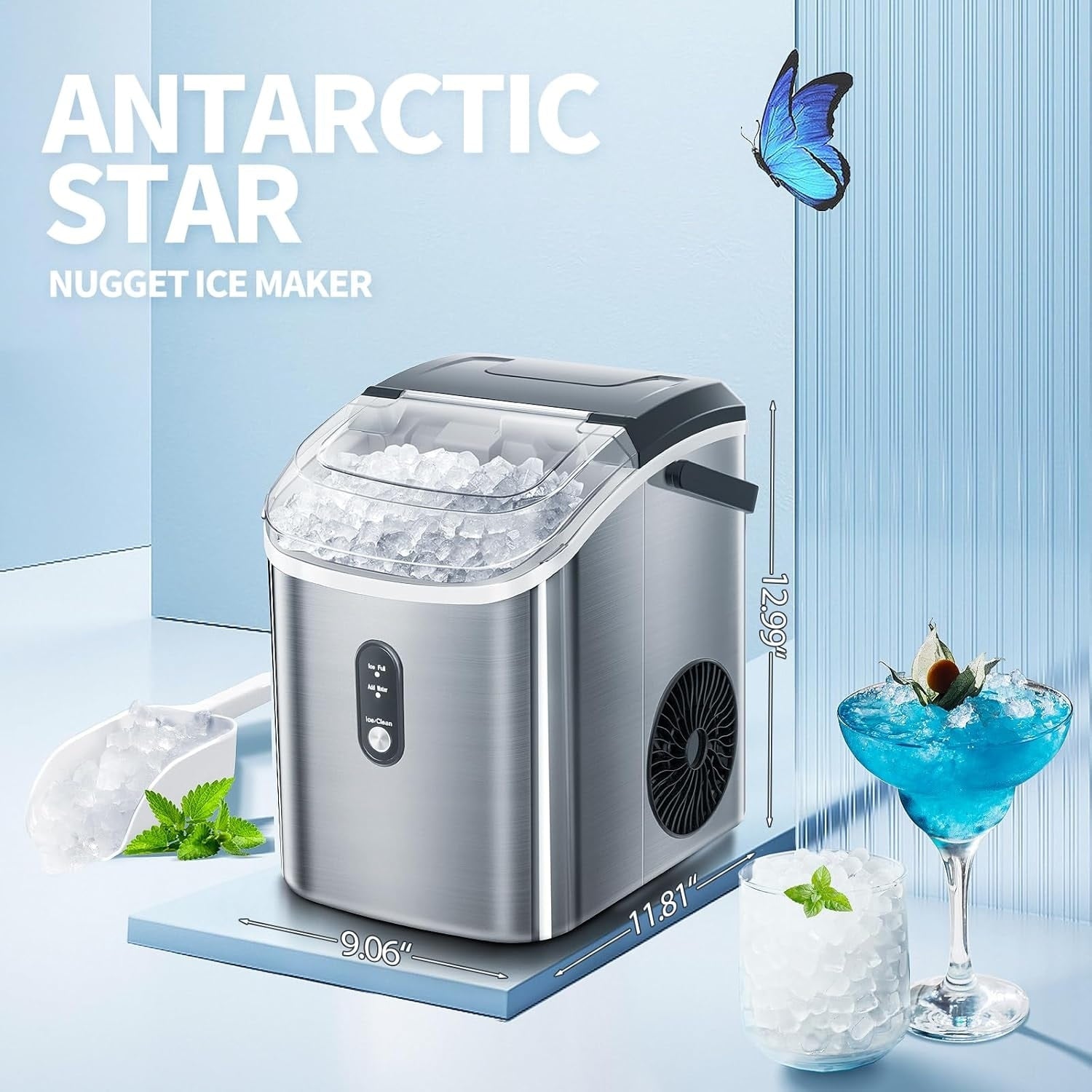 Machine à glaçons portable de comptoir Nugget Ice avec boutons mécaniques, équipée d'un panier à glaçons et d'une pelle à glaçons, en acier inoxydable