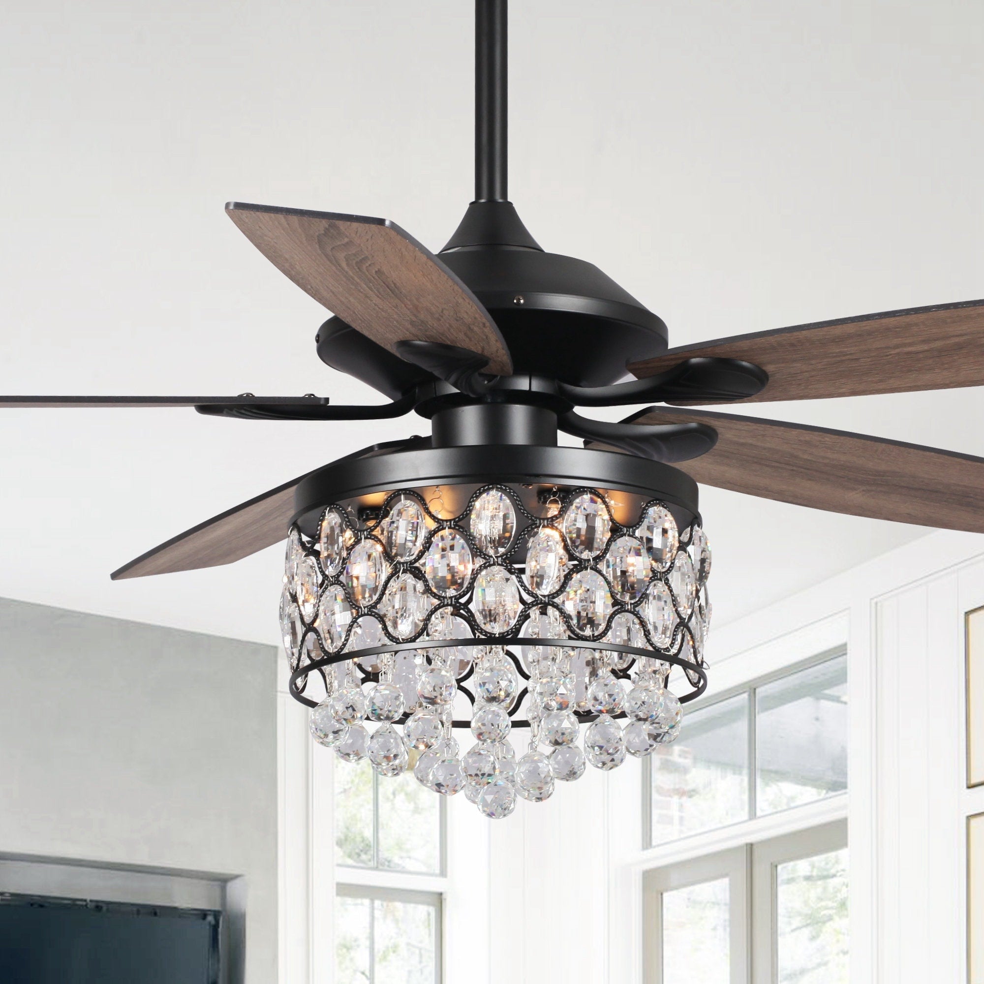 Lustre/ventilateur de plafond à 4 lumières en chrome/cristal avec télécommande
