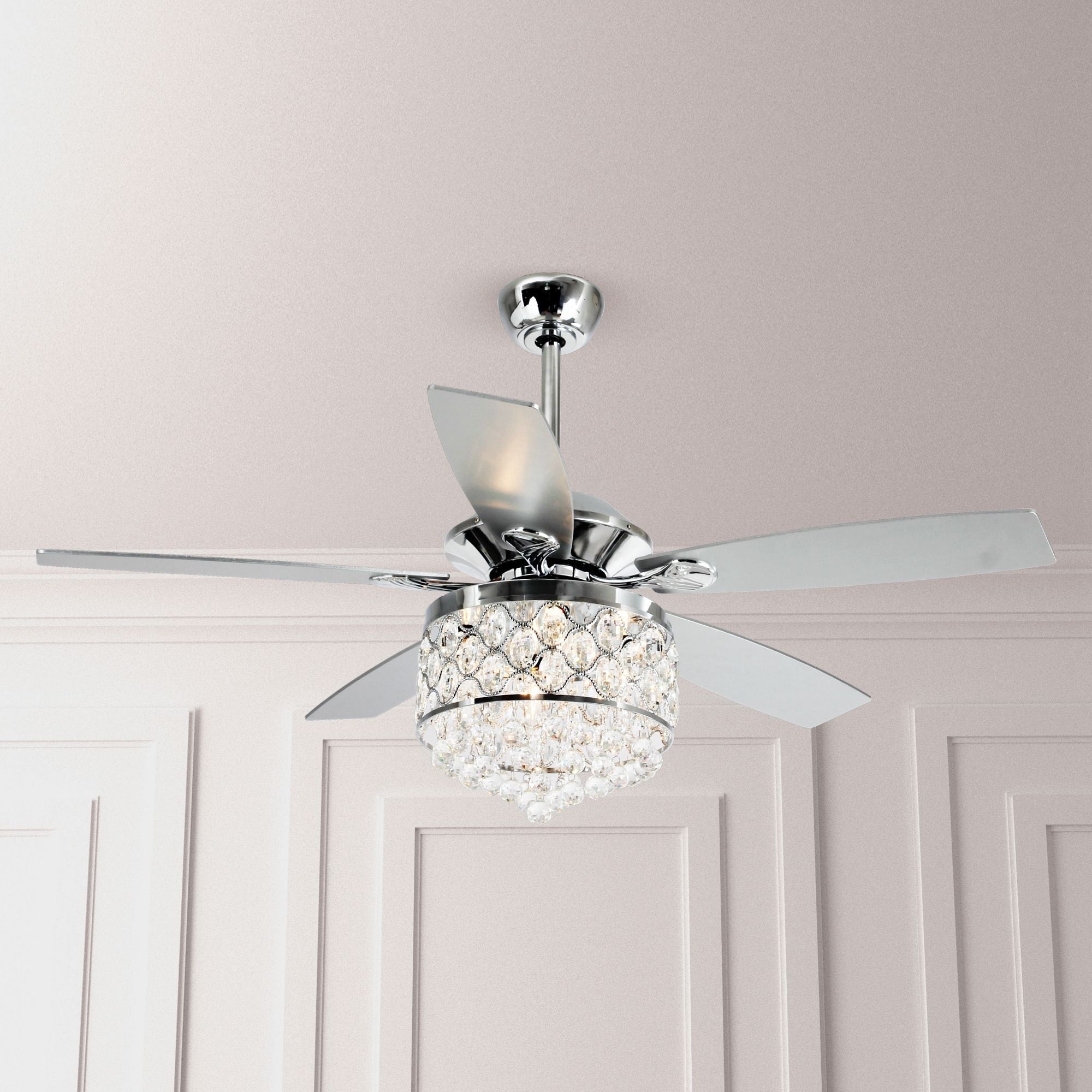 Lustre/ventilateur de plafond à 4 lumières en chrome/cristal avec télécommande