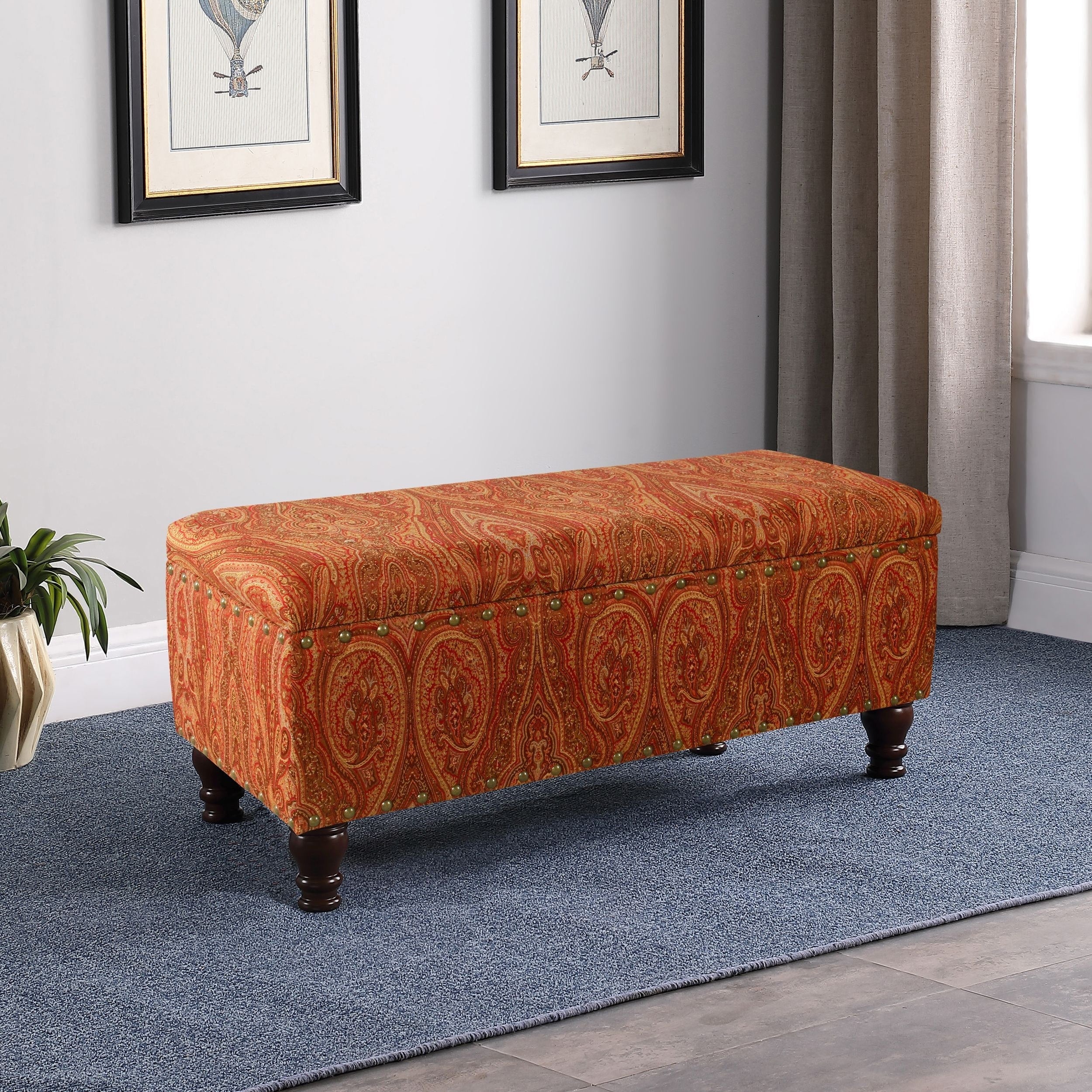 Banc de rangement rembourré Copper Grove Muscari avec bordure cloutée