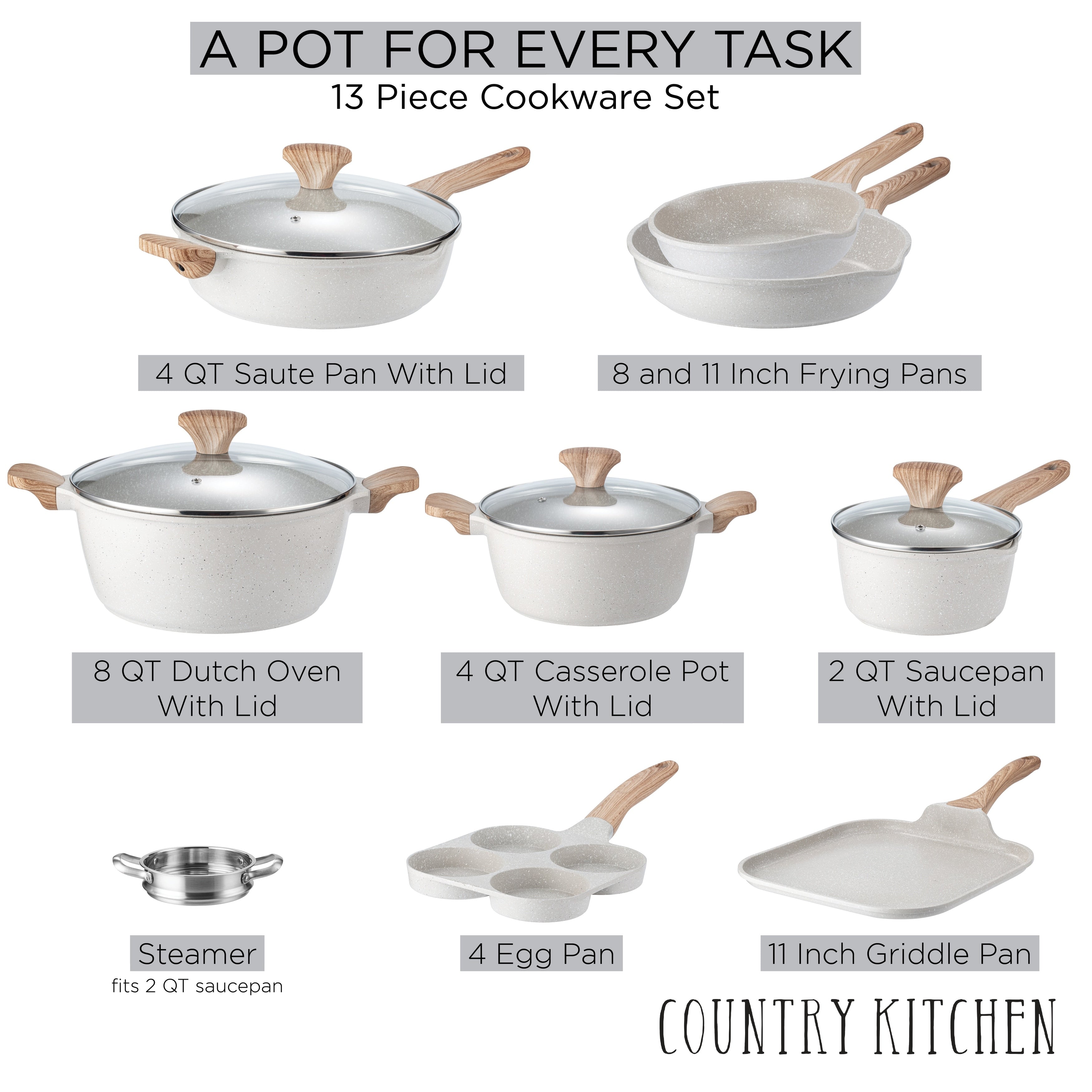Batterie de cuisine à induction Country Kitchen 13 pièces, casseroles et poêles en fonte d'aluminium avec poignées en bakélite