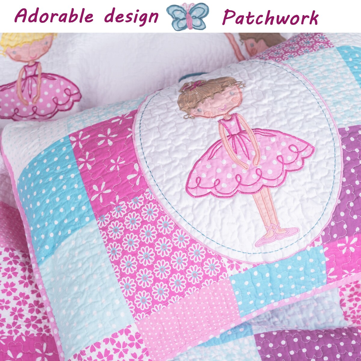 Parure de lit réversible en coton Cozy Line Ballerina Pink Girls avec oreillers décoratifs