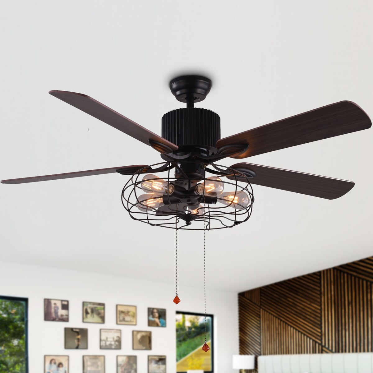 Ventilateur de plafond industriel CurveCurio Farmhouse noir à 5 lumières avec éclairage, télécommande et chaîne de traction 42-48-52 pouces