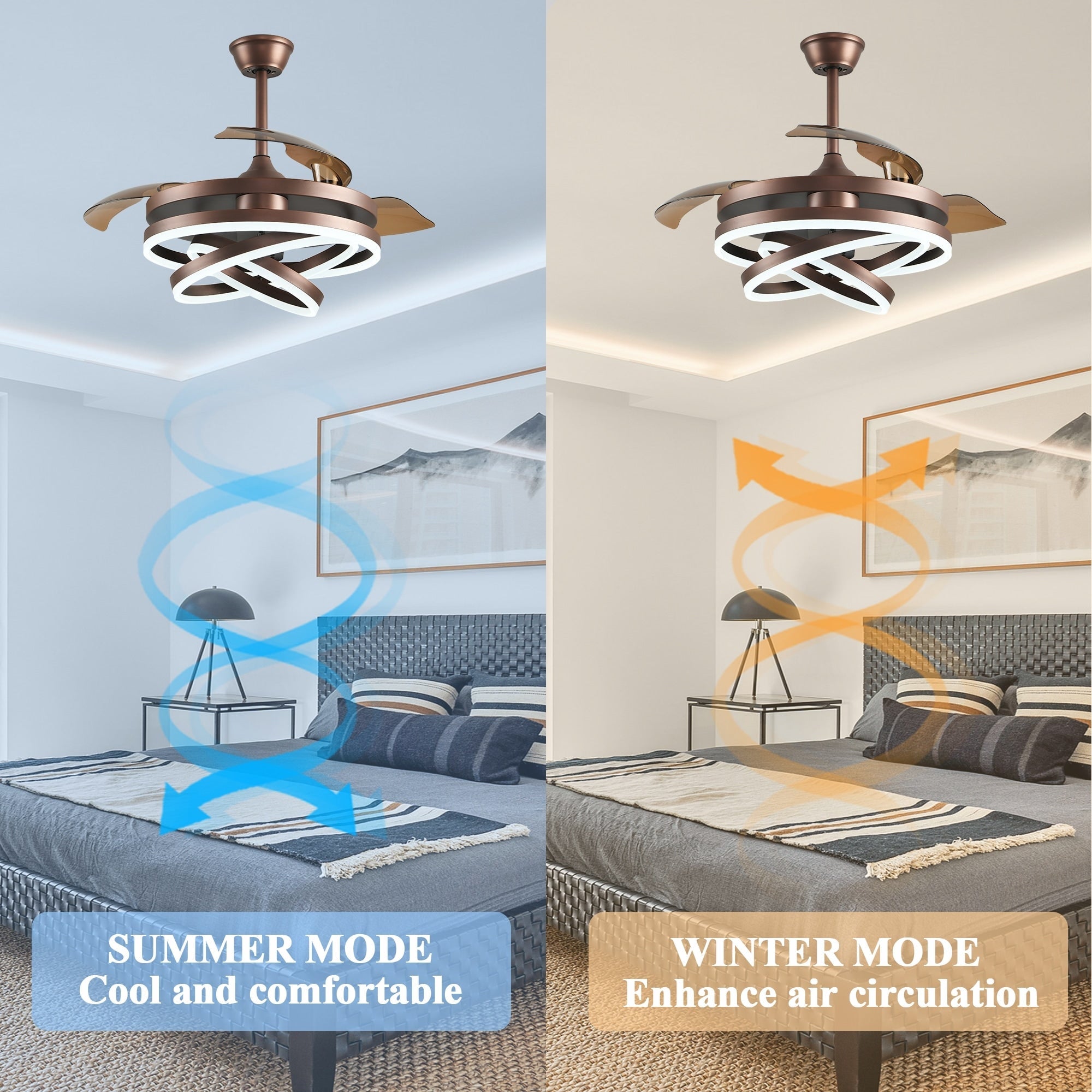 Ventilateur de plafond rétractable Cusp Barn 42 avec lumières et télécommande DIY Forme Fandelier Moderne Silencieux Moteur CC Plafonnier LED