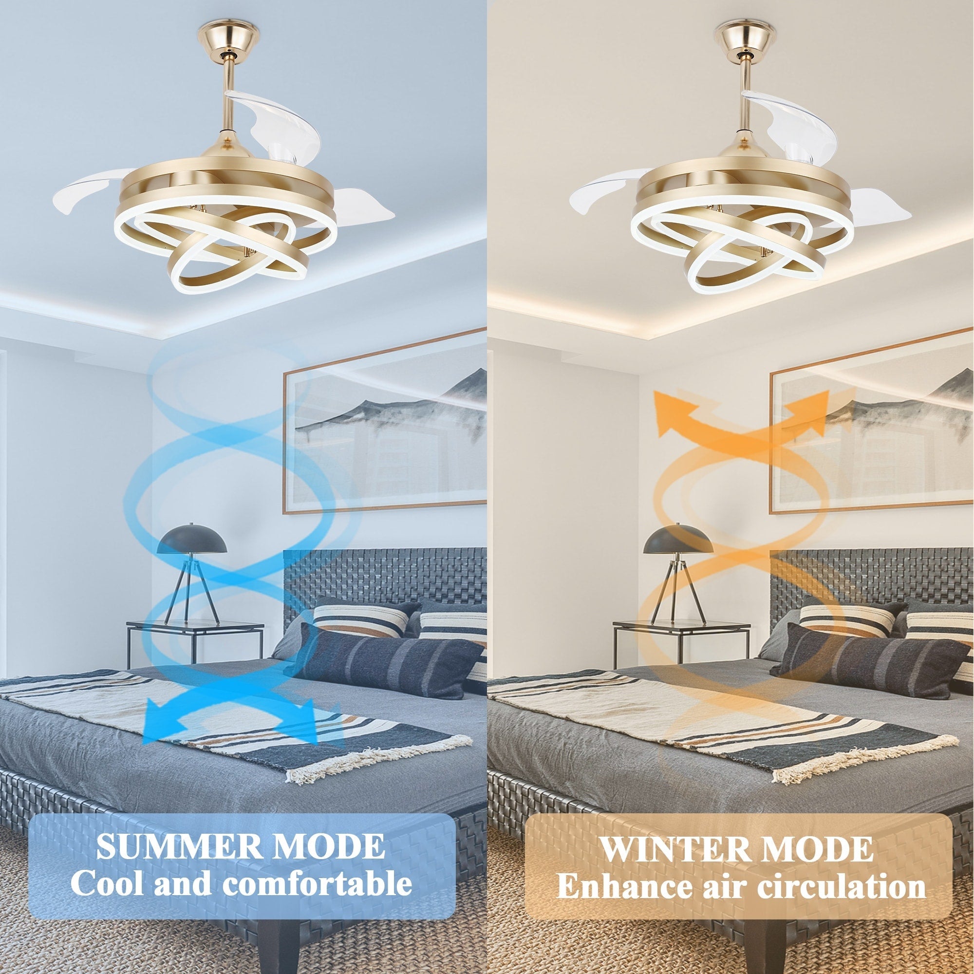 Ventilateur de plafond rétractable Cusp Barn 42 avec lumières et télécommande DIY Forme Fandelier Moderne Silencieux Moteur CC Plafonnier LED
