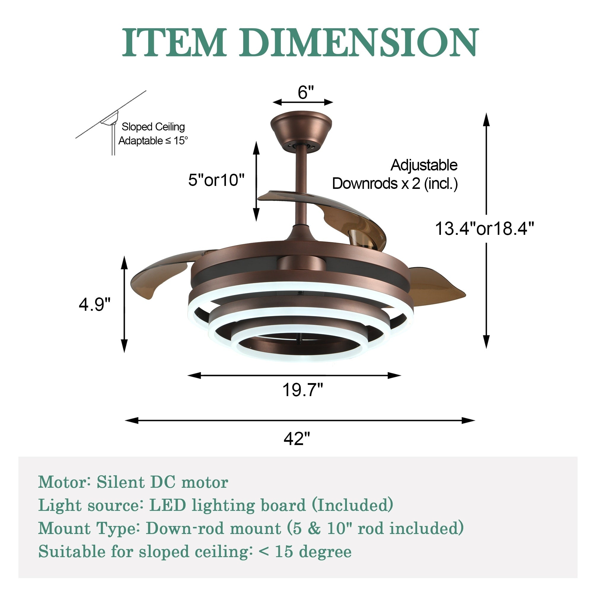 Ventilateur de plafond rétractable Cusp Barn 42 avec lumières et télécommande DIY Forme Fandelier Moderne Silencieux Moteur CC Plafonnier LED