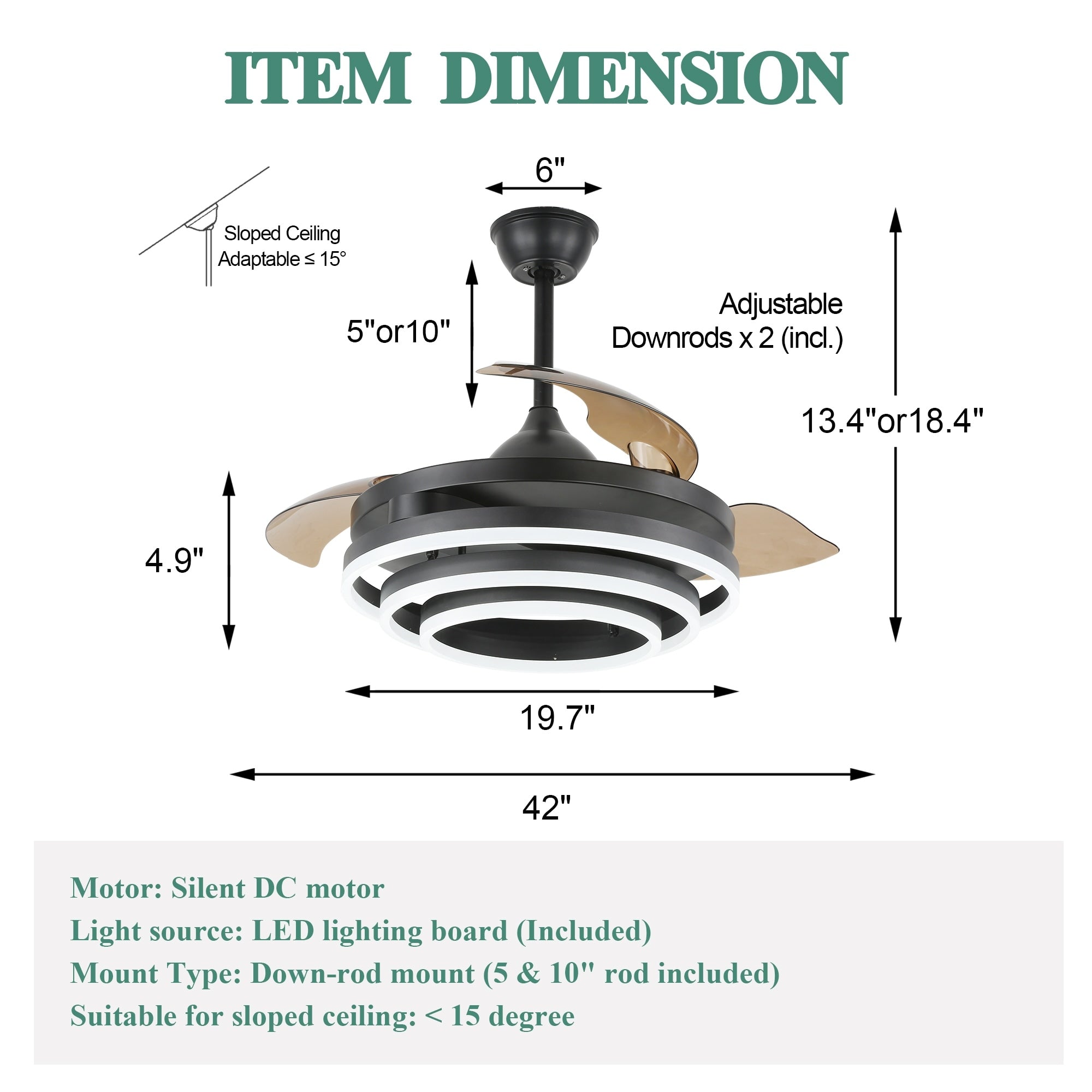 Ventilateur de plafond rétractable Cusp Barn 42 avec lumières et télécommande DIY Forme Fandelier Moderne Silencieux Moteur CC Plafonnier LED