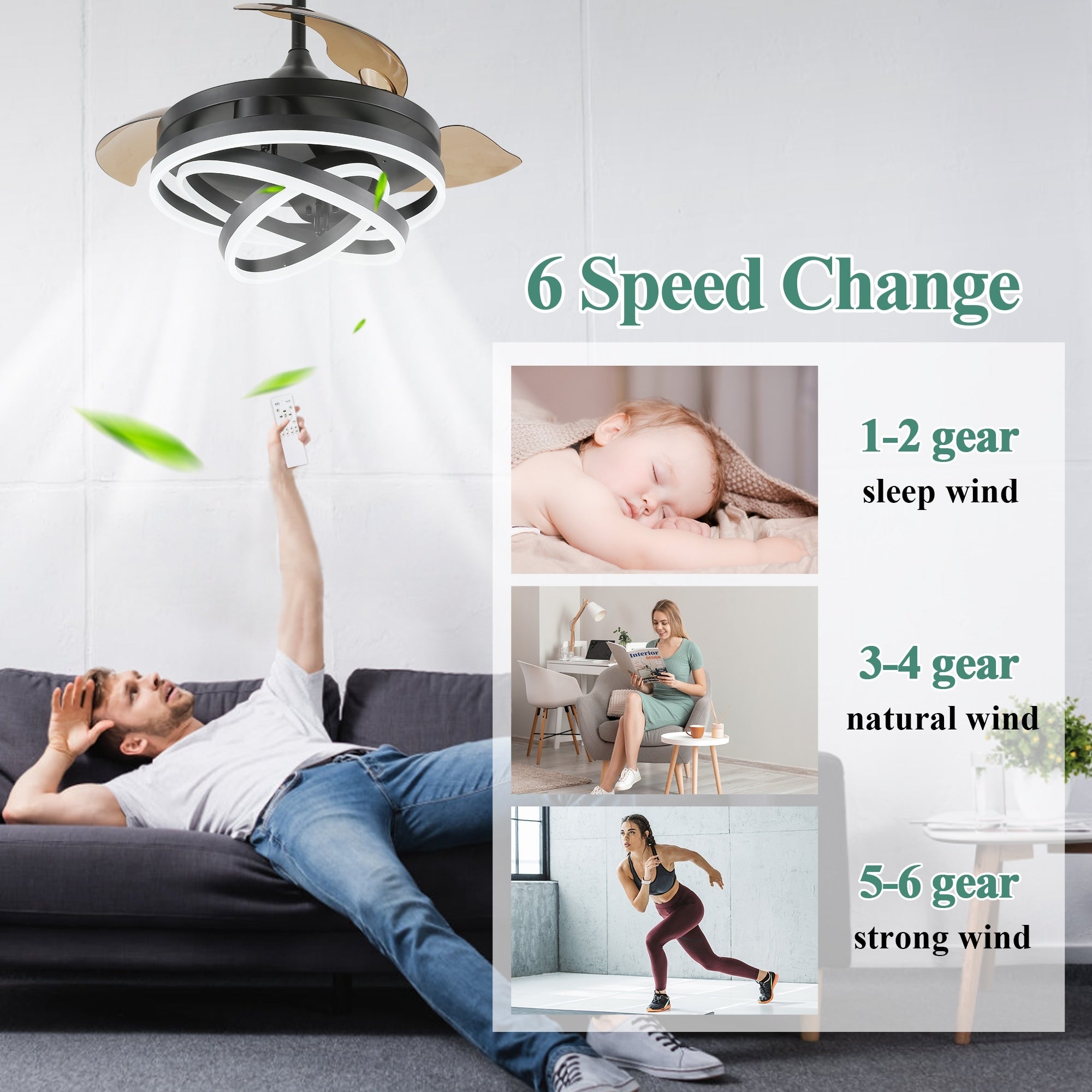 Ventilateur de plafond rétractable Cusp Barn 42 avec lumières et télécommande DIY Forme Fandelier Moderne Silencieux Moteur CC Plafonnier LED