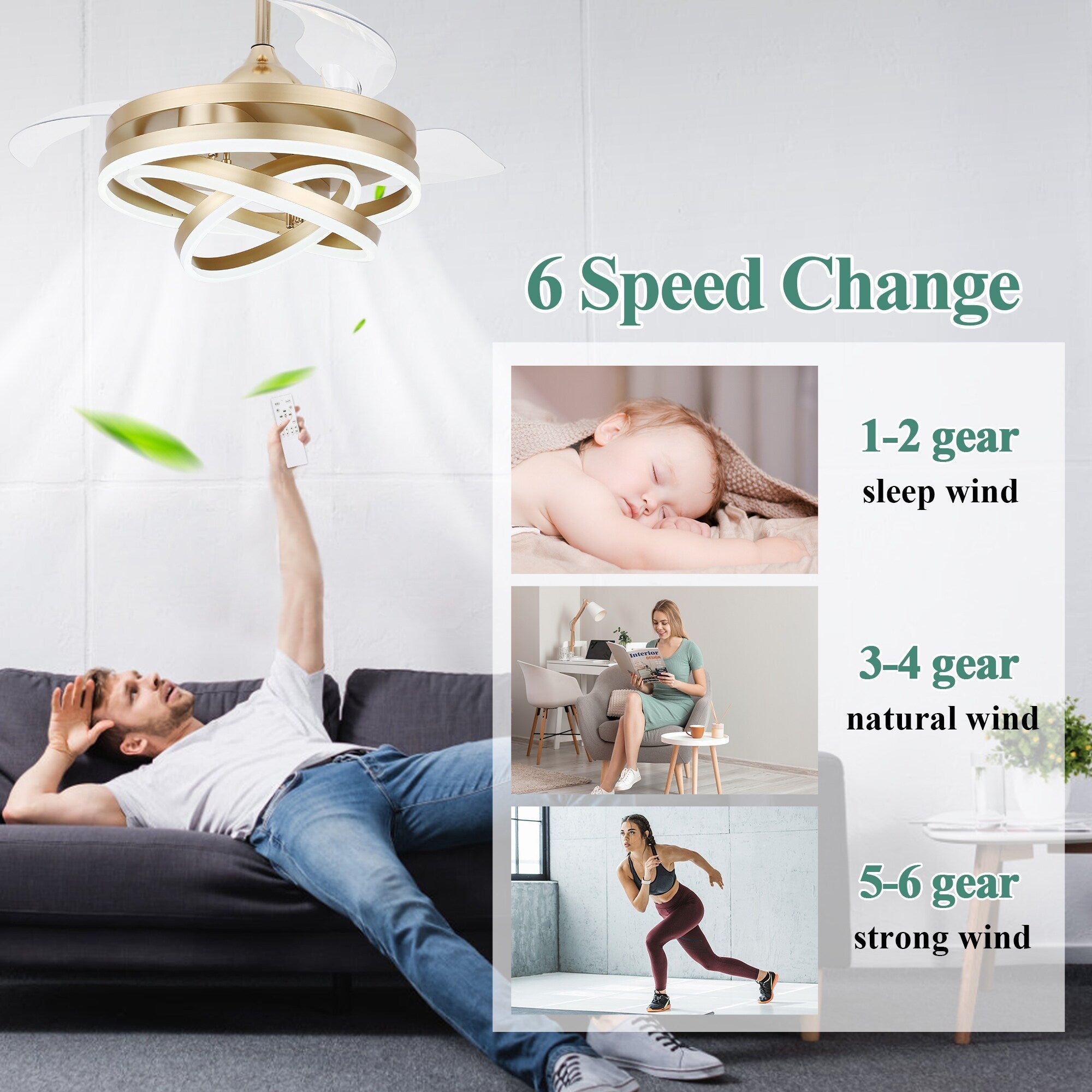 Ventilateur de plafond rétractable Cusp Barn 42 avec lumières et télécommande DIY Forme Fandelier Moderne Silencieux Moteur CC Plafonnier LED