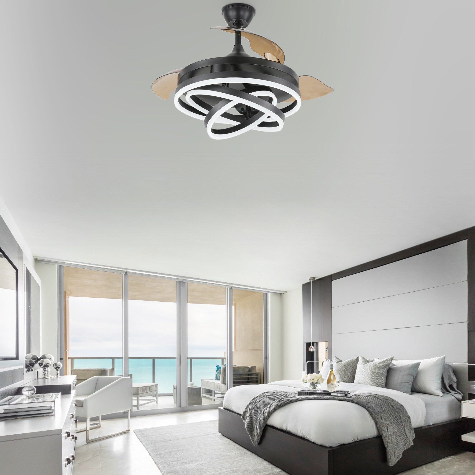 Ventilateur de plafond rétractable Cusp Barn 42 avec lumières et télécommande DIY Forme Fandelier Moderne Silencieux Moteur CC Plafonnier LED
