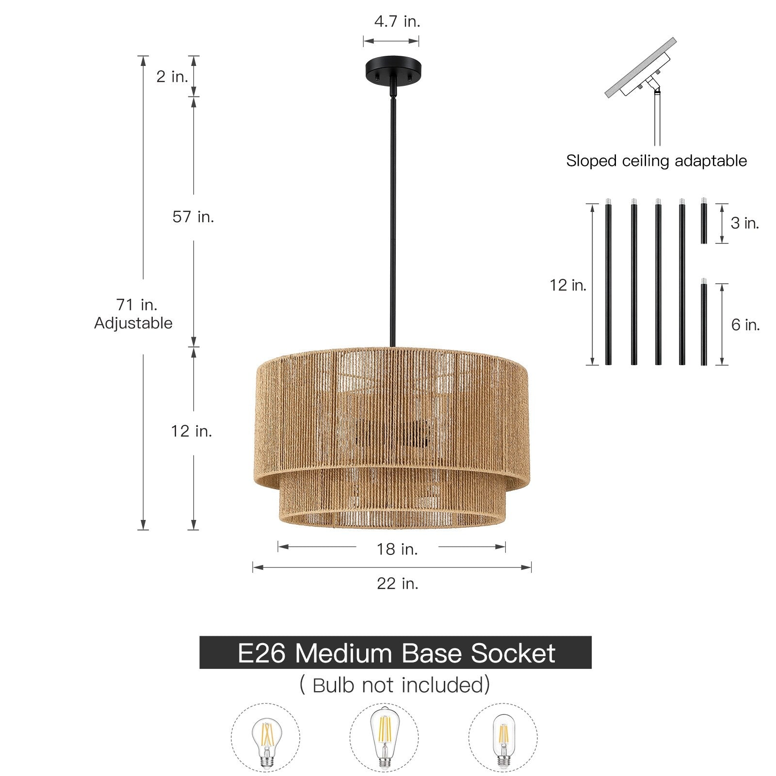 Lustre tambour en rotin naturel à 4 lumières Cynthia - 22 po de largeur