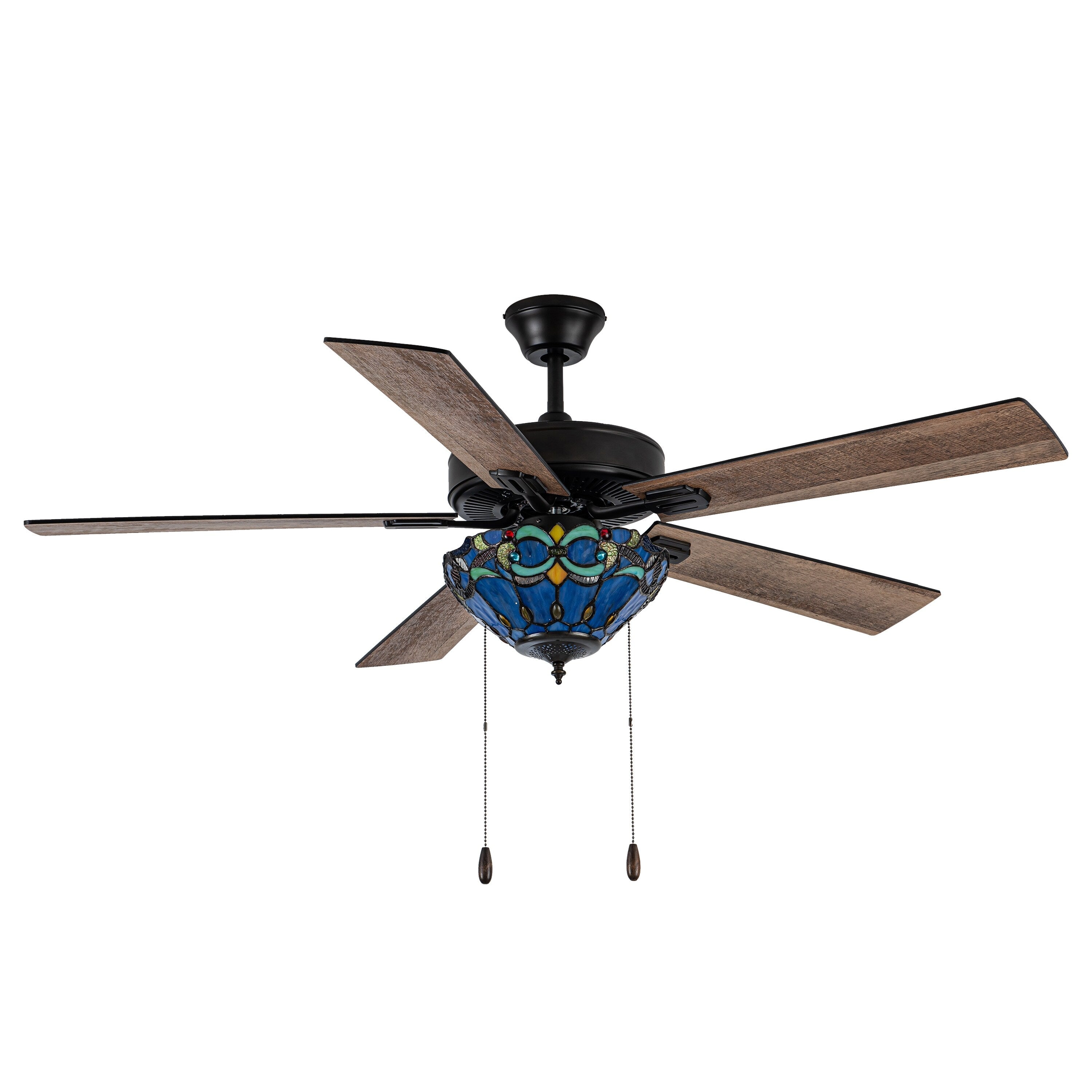 Ventilateur de plafond télécommandé à 3 lumières, 52 pouces, bronze huilé et vitrail, Della River of Goods