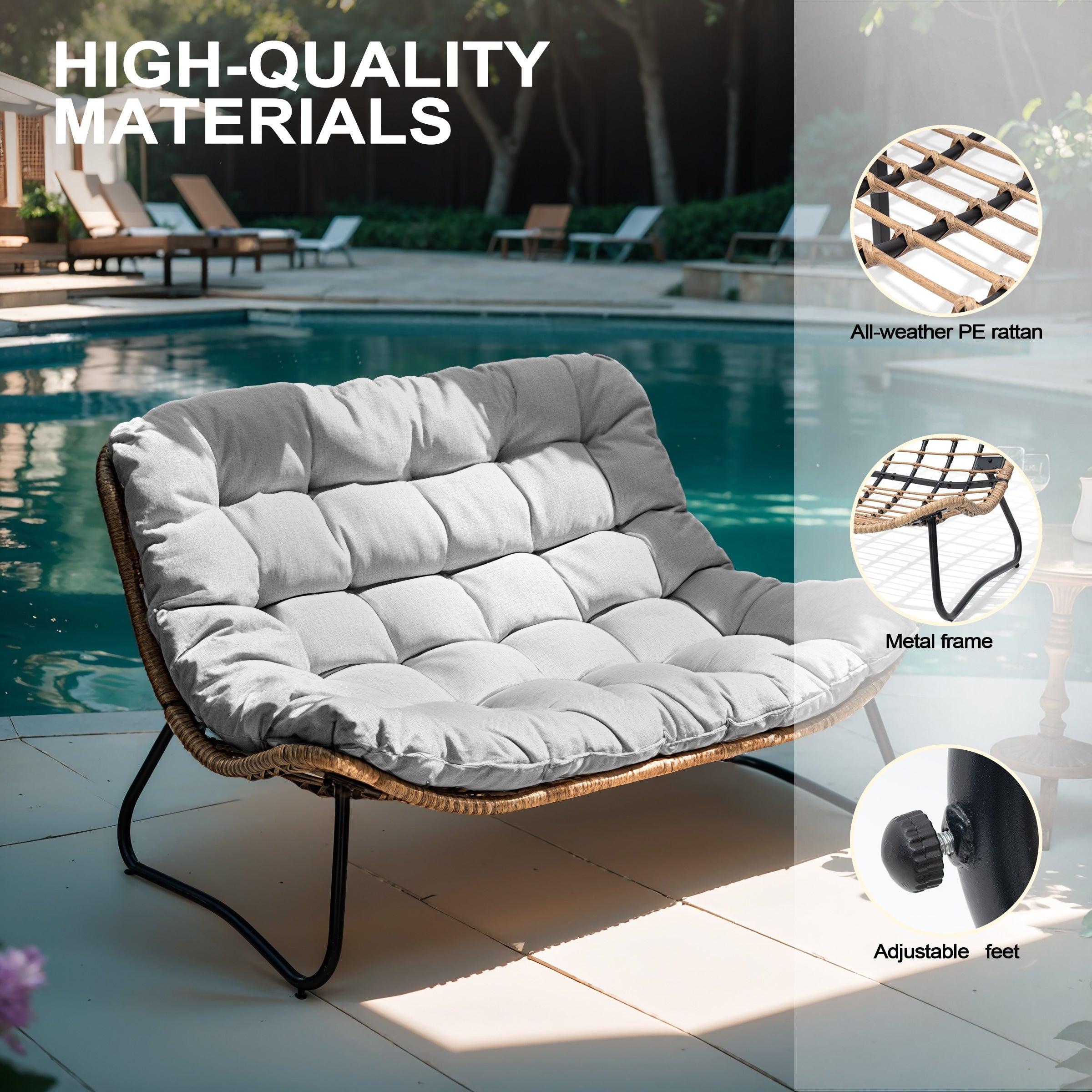 Fauteuil Papasan double avec coussin, rotin PE toutes saisons et cadre en métal pour intérieur et extérieur