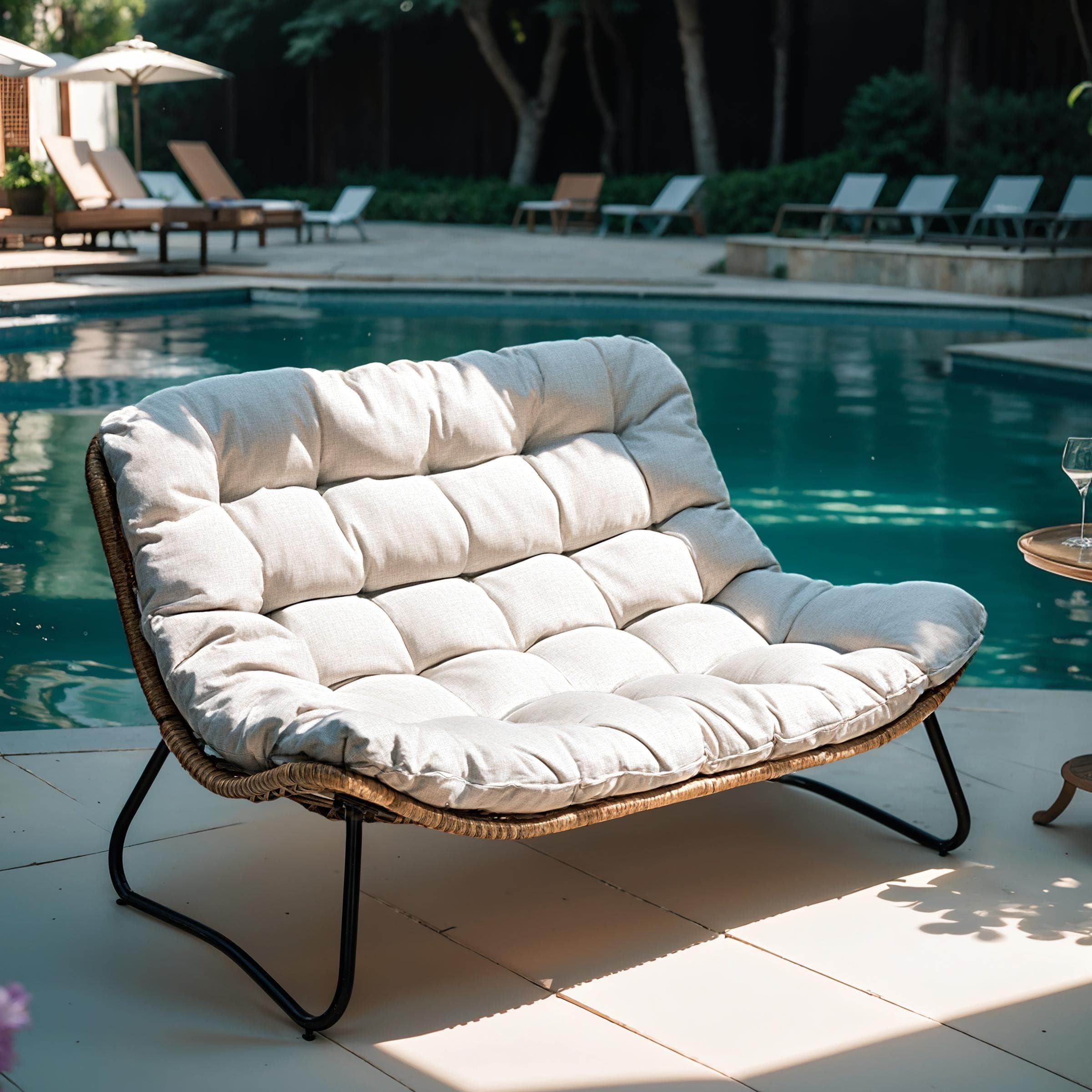 Fauteuil Papasan double avec coussin, rotin PE toutes saisons et cadre en métal pour intérieur et extérieur