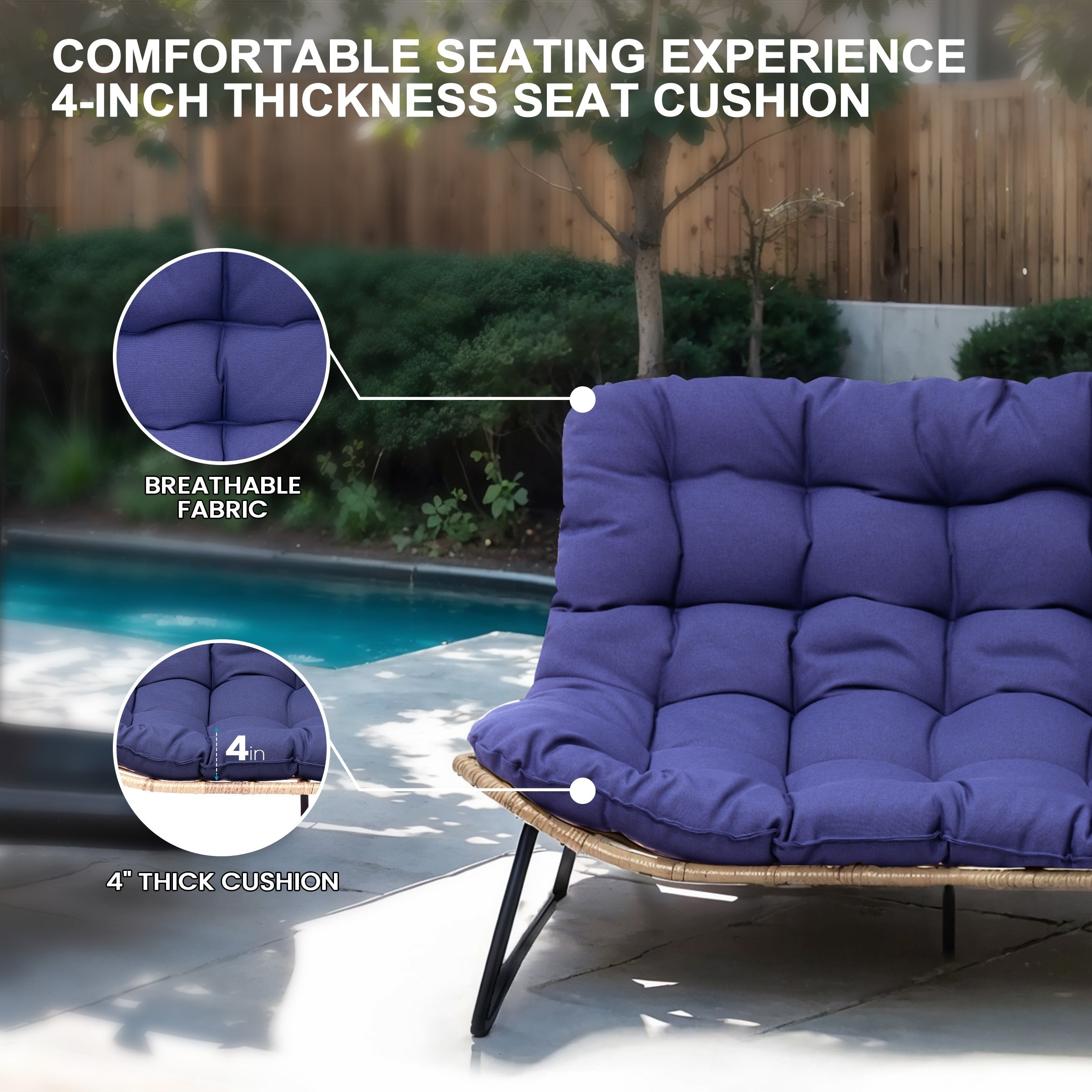 Fauteuil Papasan double avec coussin, rotin PE toutes saisons et cadre en métal pour intérieur et extérieur