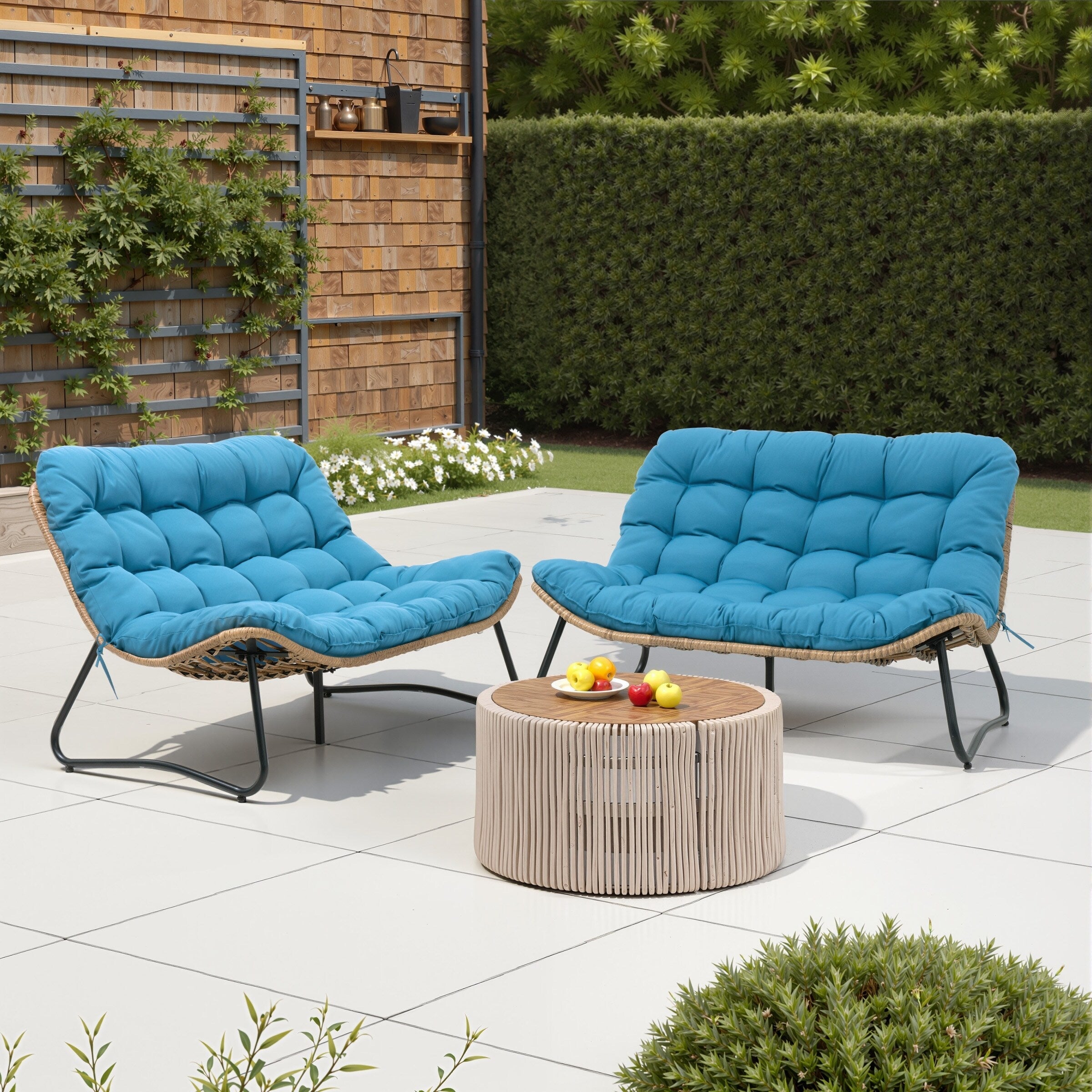 Fauteuil Papasan double avec coussin, rotin PE toutes saisons et cadre en métal pour intérieur et extérieur
