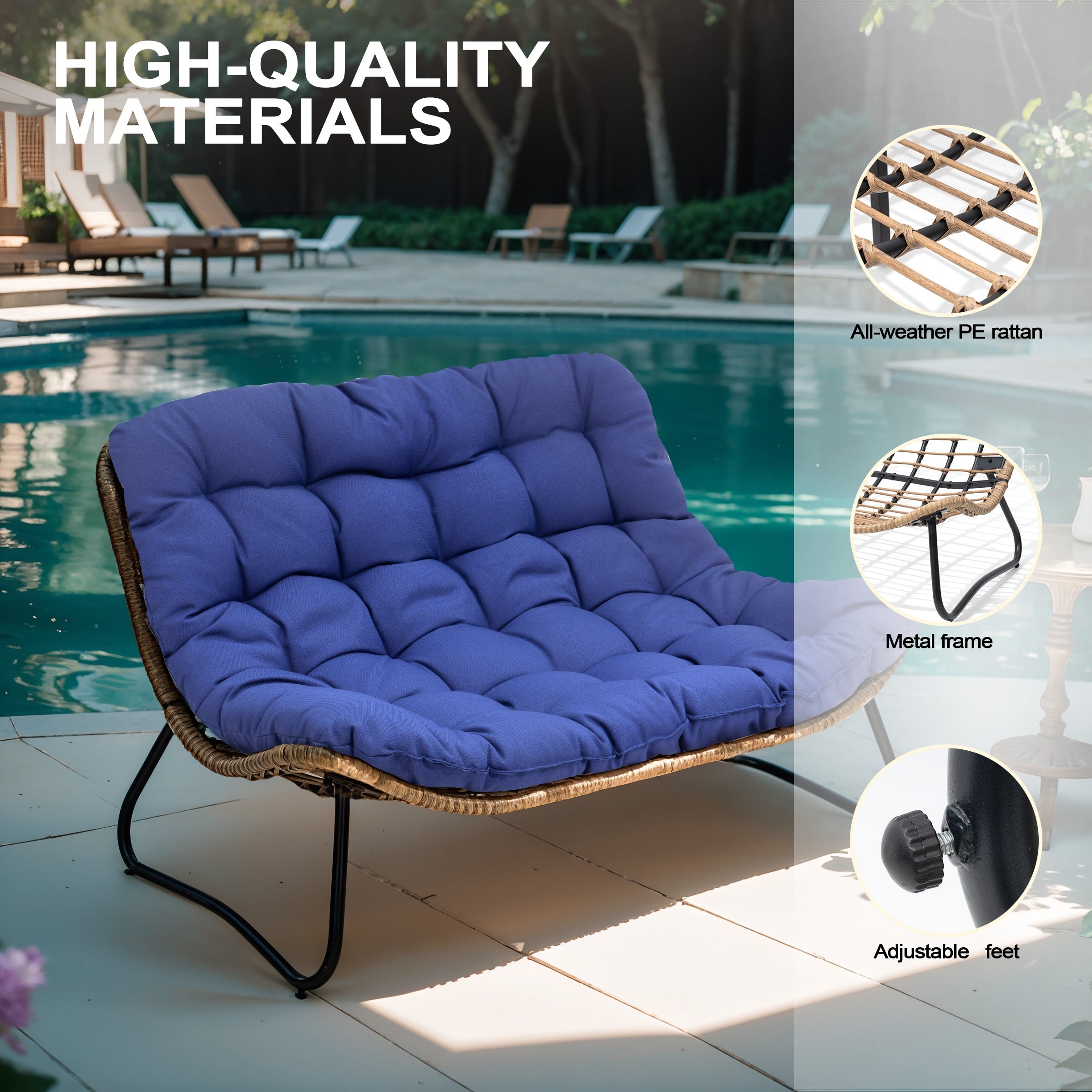 Fauteuil Papasan double avec coussin, rotin PE toutes saisons et cadre en métal pour intérieur et extérieur