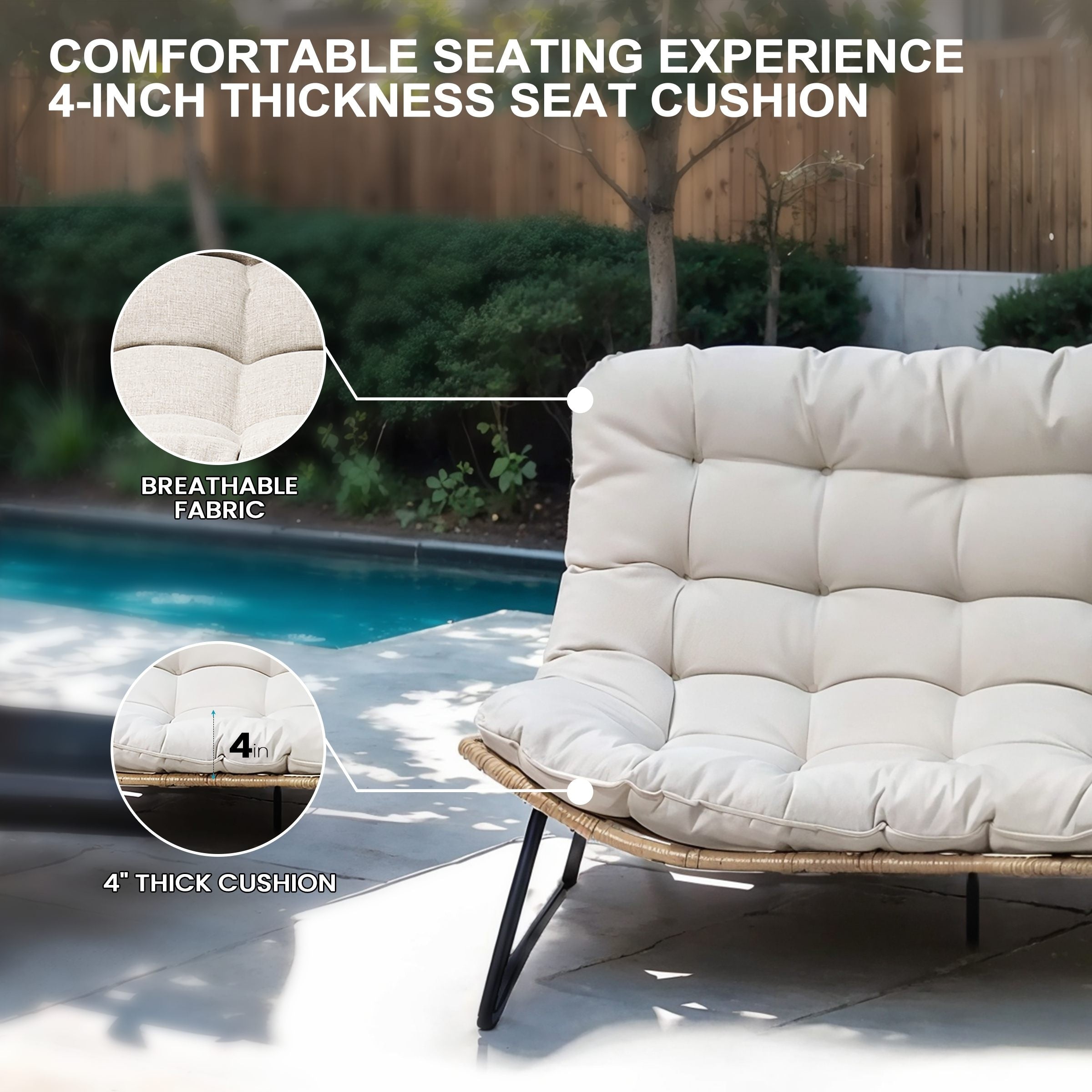 Fauteuil Papasan double avec coussin, rotin PE toutes saisons et cadre en métal pour intérieur et extérieur