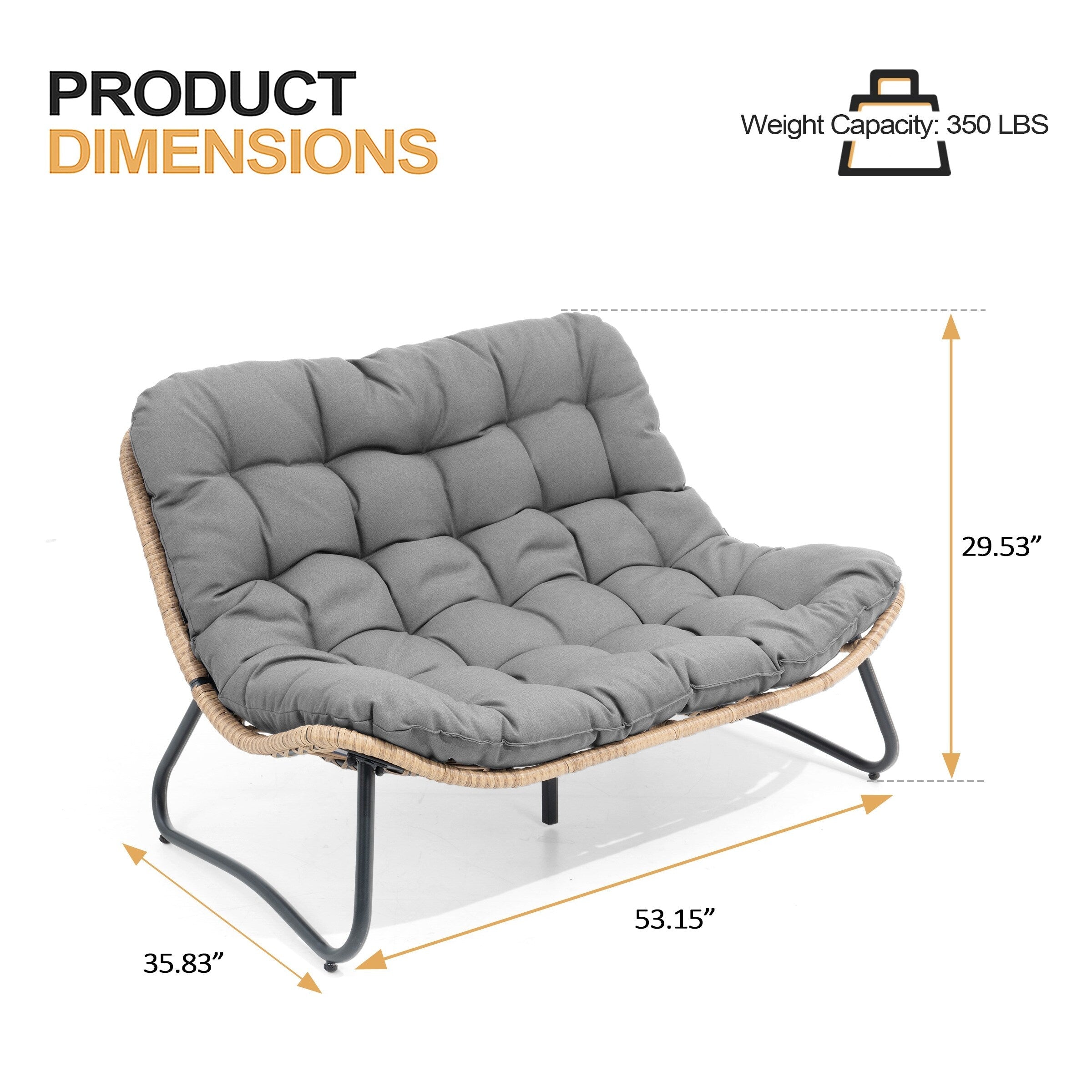 Fauteuil Papasan double avec coussin, rotin PE toutes saisons et cadre en métal pour intérieur et extérieur