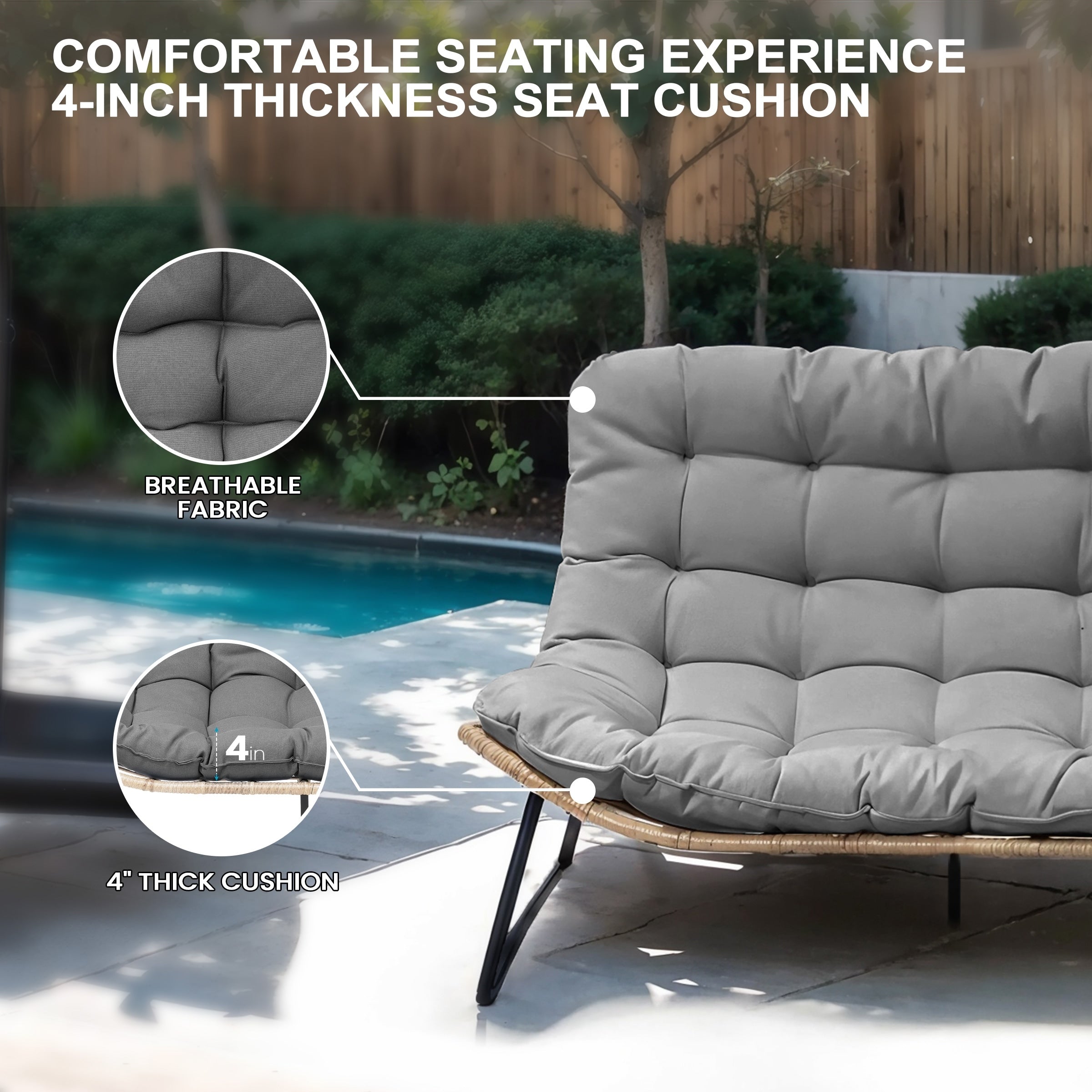 Fauteuil Papasan double avec coussin, rotin PE toutes saisons et cadre en métal pour intérieur et extérieur