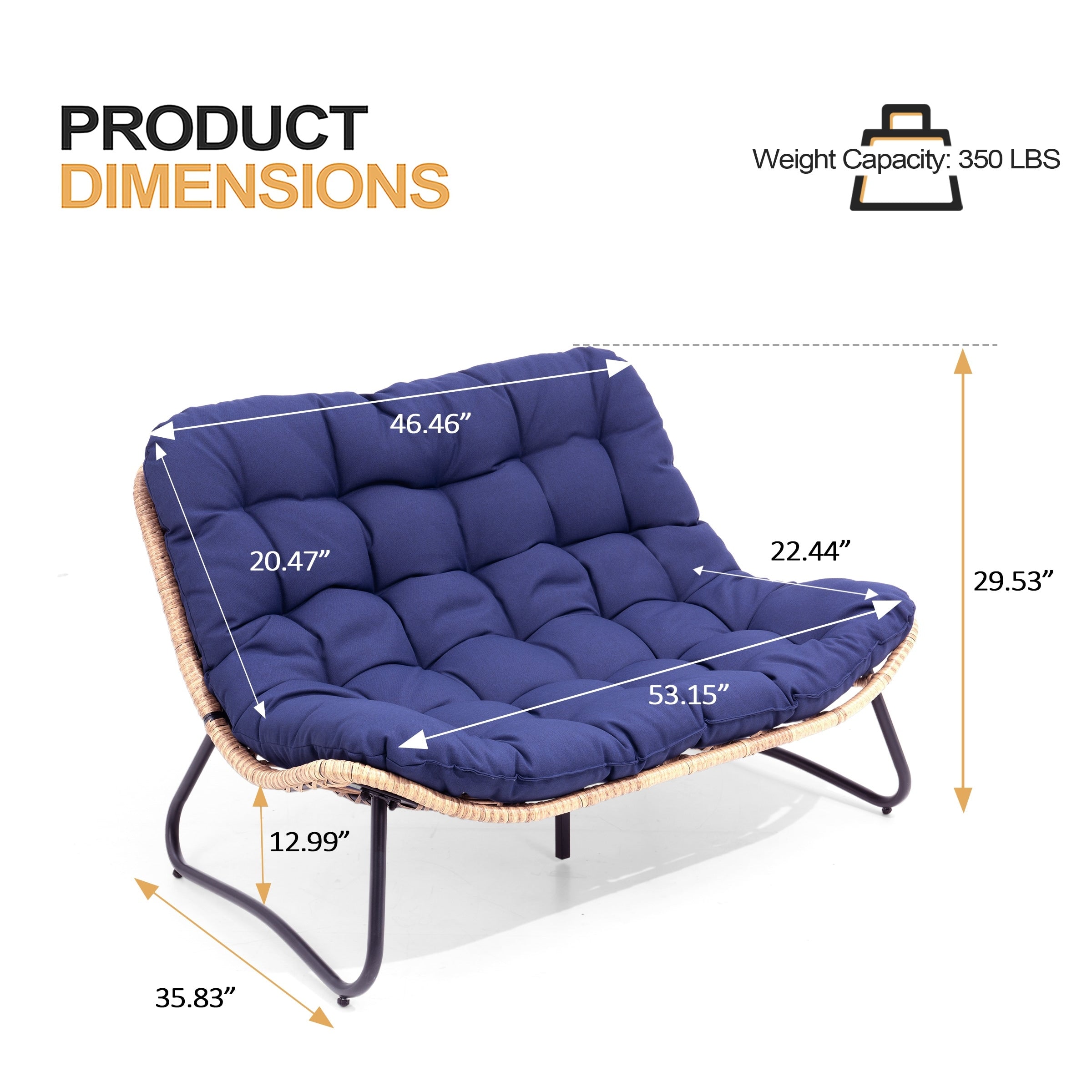 Fauteuil Papasan double avec coussin, rotin PE toutes saisons et cadre en métal pour intérieur et extérieur