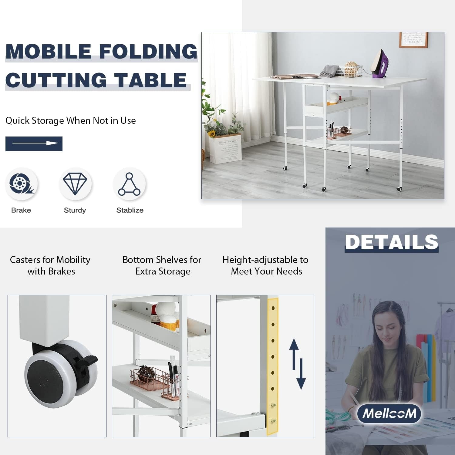 Table de bricolage réglable en hauteur avec étagères de rangement, table de découpe pliante mobile pour la maison, le bureau, la salle de couture et la salle d'artisanat